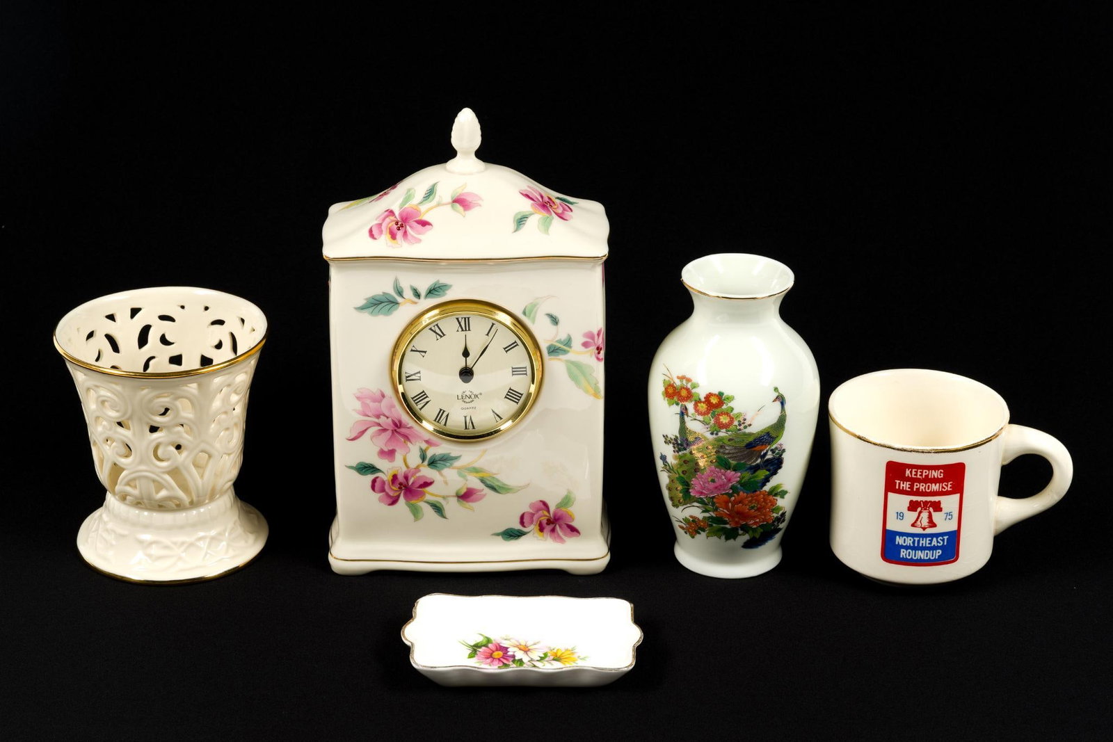 Ceramics Incl. Lenox Clock: Also includes Philadelphia mug, small porcelain tray, Lenox basket and vintage porcelain vase. Clock measures 5 - 1/2" x 9 - 1/2" x 3 - 1/2".