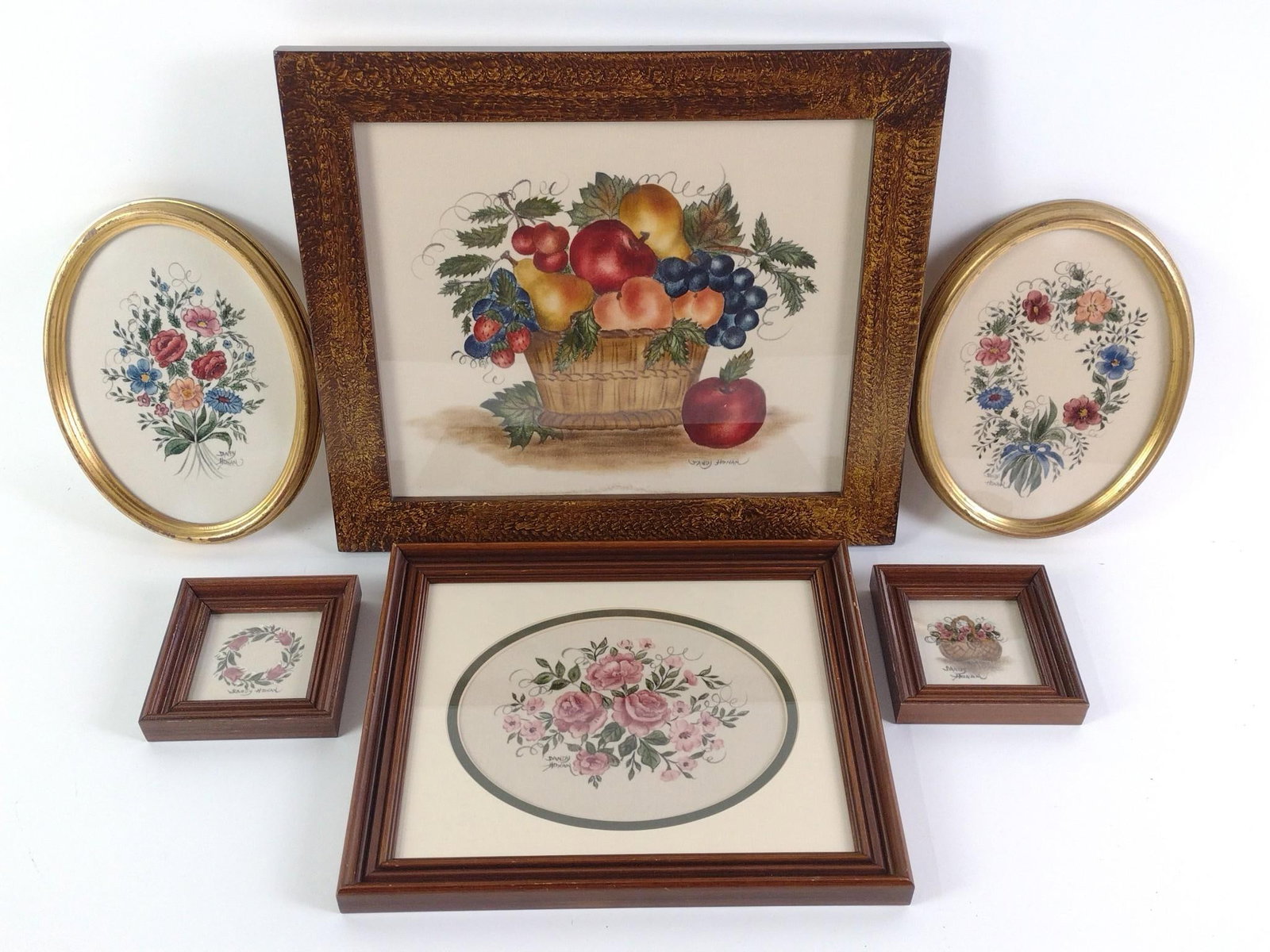 5 Vintage Sandy Honan Theorems: Modern folk art. Largest piece measures 12 - 1/2" x 14 - 1/2" and the smallest framed piece measures 4 - 1/4" x 4 - 1/4". Theorem painting (also known as theorem stencil or formula painting) is a styl