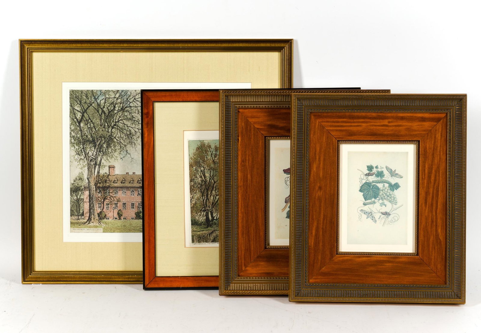 2 Josef Eidenberger & 2 Botanical Prints: All framed. 1) Framed color aquatint etching titled "Williamsburg, The Public Gaol" by the Austrian-American artist Joseph Eidenberger (1899–1991) 19 - 1/2" x 22" 2) This framed print is from Maria 