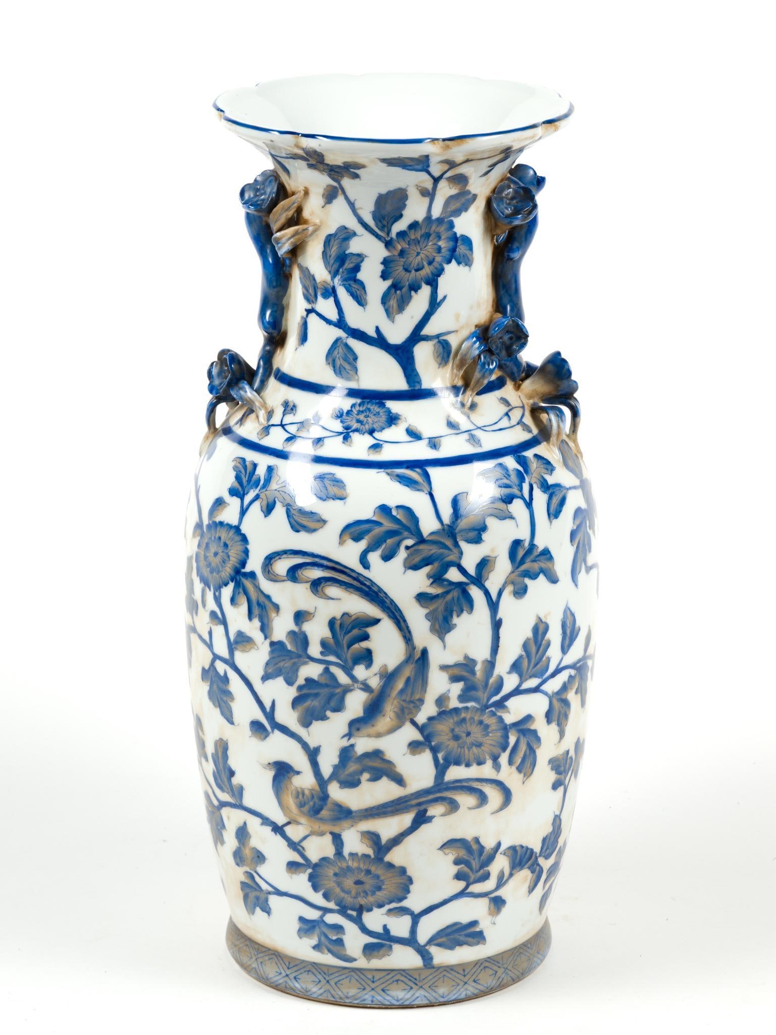 Chinese Decorative Blue & White Ceramic Vase: Measures 7 - 1/2" x 18" x 7 - 1/2".