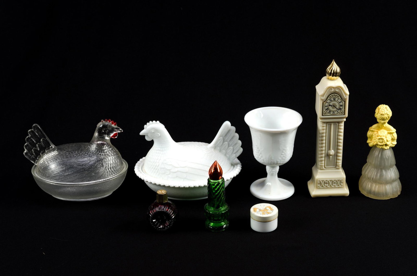 Vintage Avon Bottles & 2 Glass Hen on Nest: Also includes milk glass goblet. Avon Clock measures 9" tall and the chicken dishes measure 6 - 3/8" x 5 - 1/2" x 4 - 3/4".