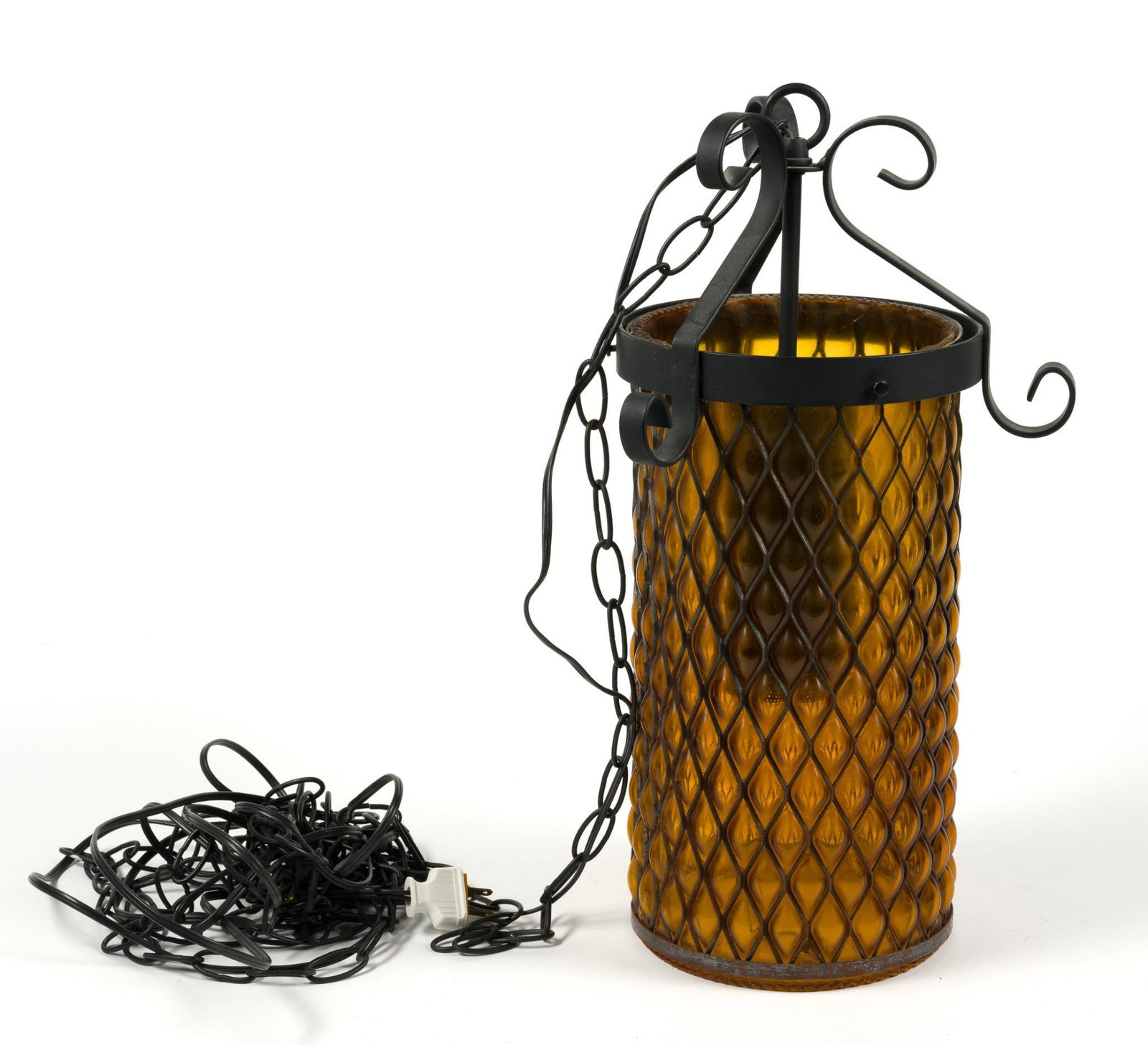 Mid Century Modern Ceiling Lantern on Chain: Amber glass and wrought iron frame. Lantern measures 9 - 1/2" x 19" x 9 - 1/2". Tested and works.