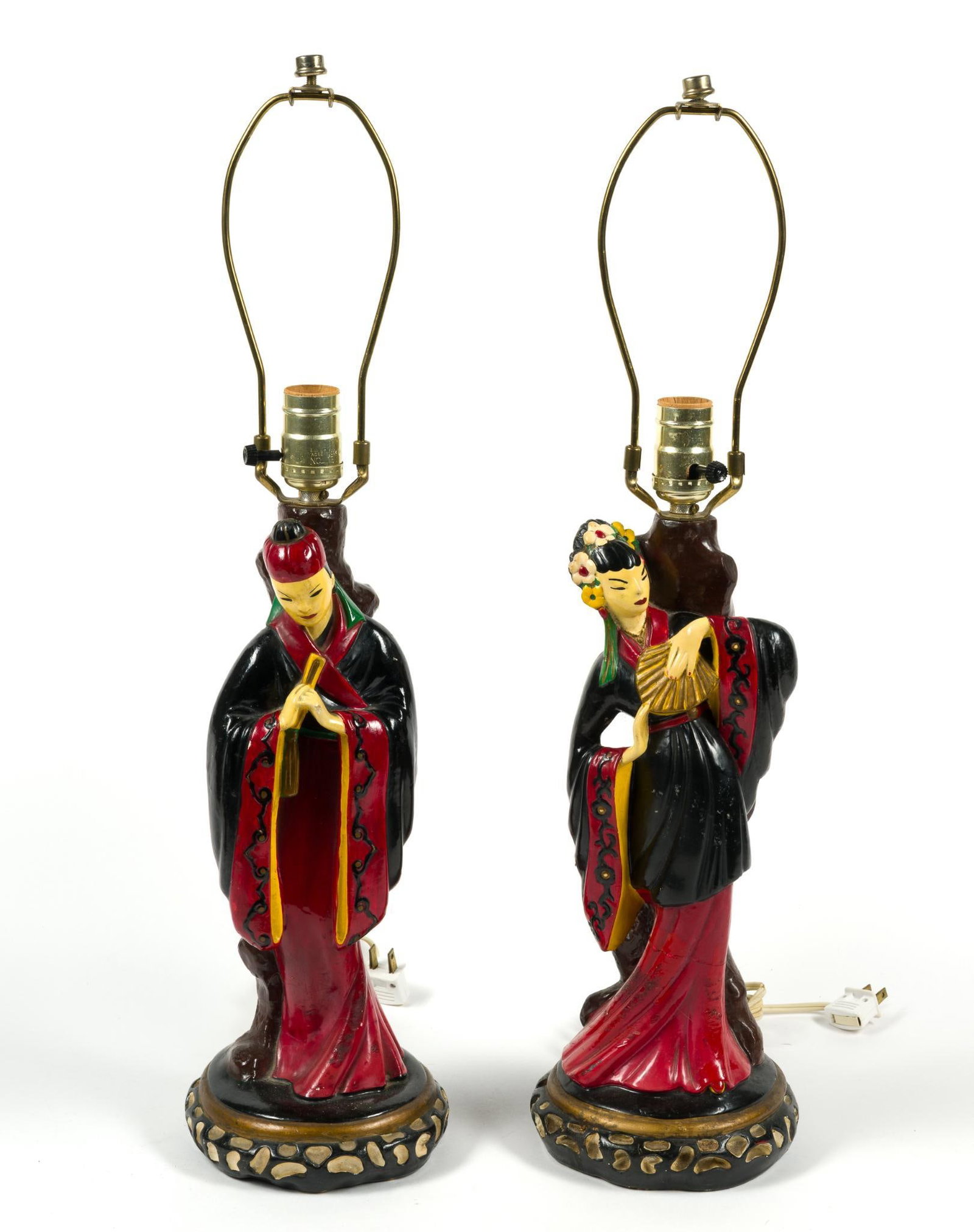 Pair of Vintage Chalkware Asian Figure Lamps: No lamp shades. Both work. Lamps measure 7" x 24" 7".