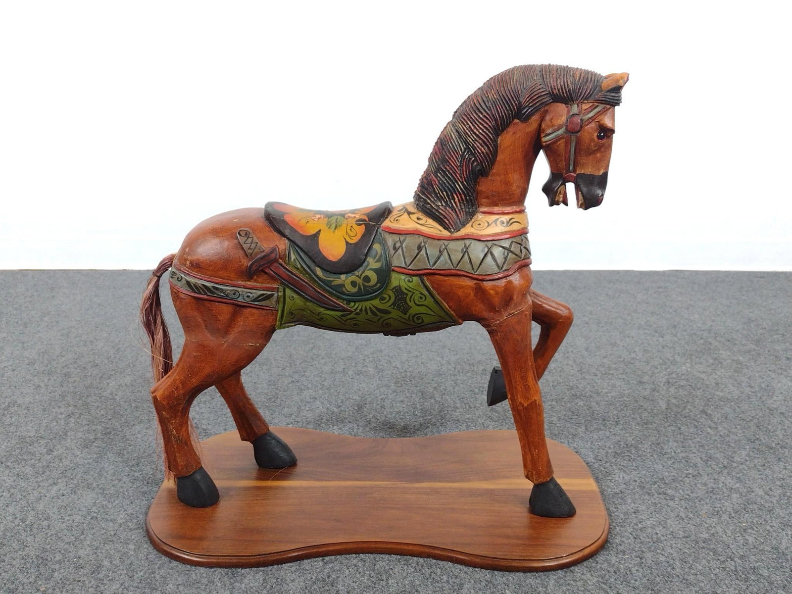 Wood Carved Decorative Folk Art Carousel Style House: 14-1/2" wide X 26" deep X 24" high. Has some areas of loss.