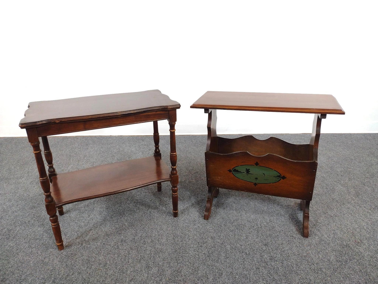 2 Side Tables: 23" to 23-1/2" wide X 11" to 13-1/2" deep X 23" to 23-1/4" high. Both have some scratches and areas of finish loss.