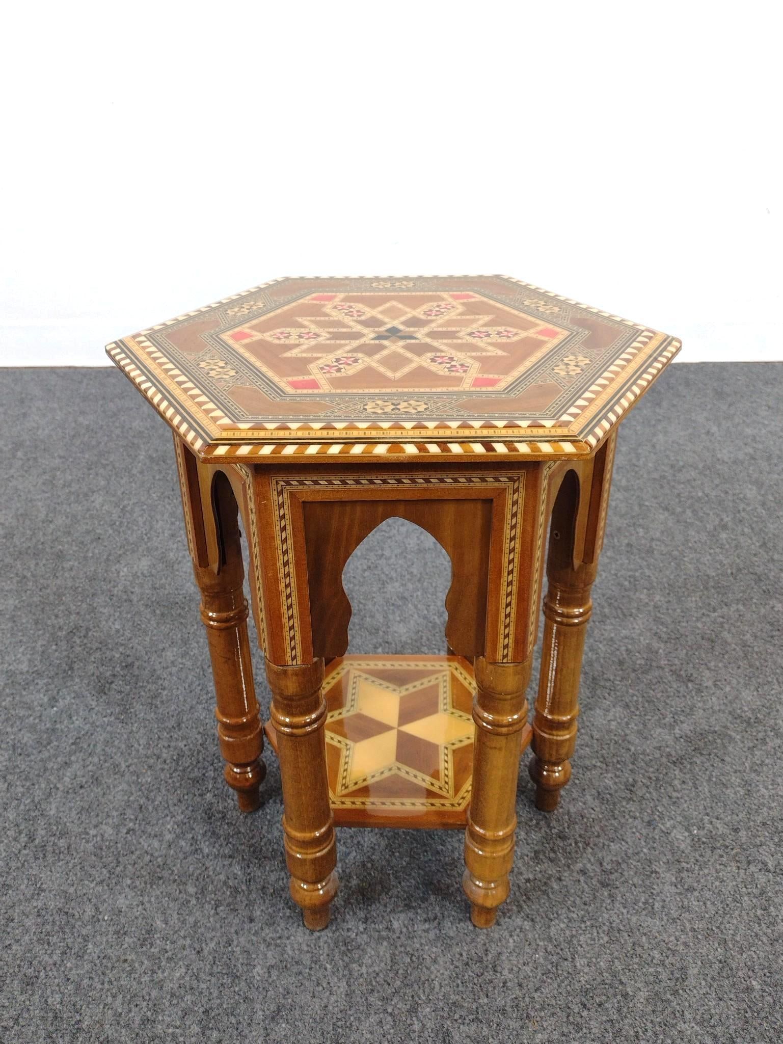 Spanish Taracea Inlaid Table: 17-1/4" wide X 15-1/4" deep X 20" high.