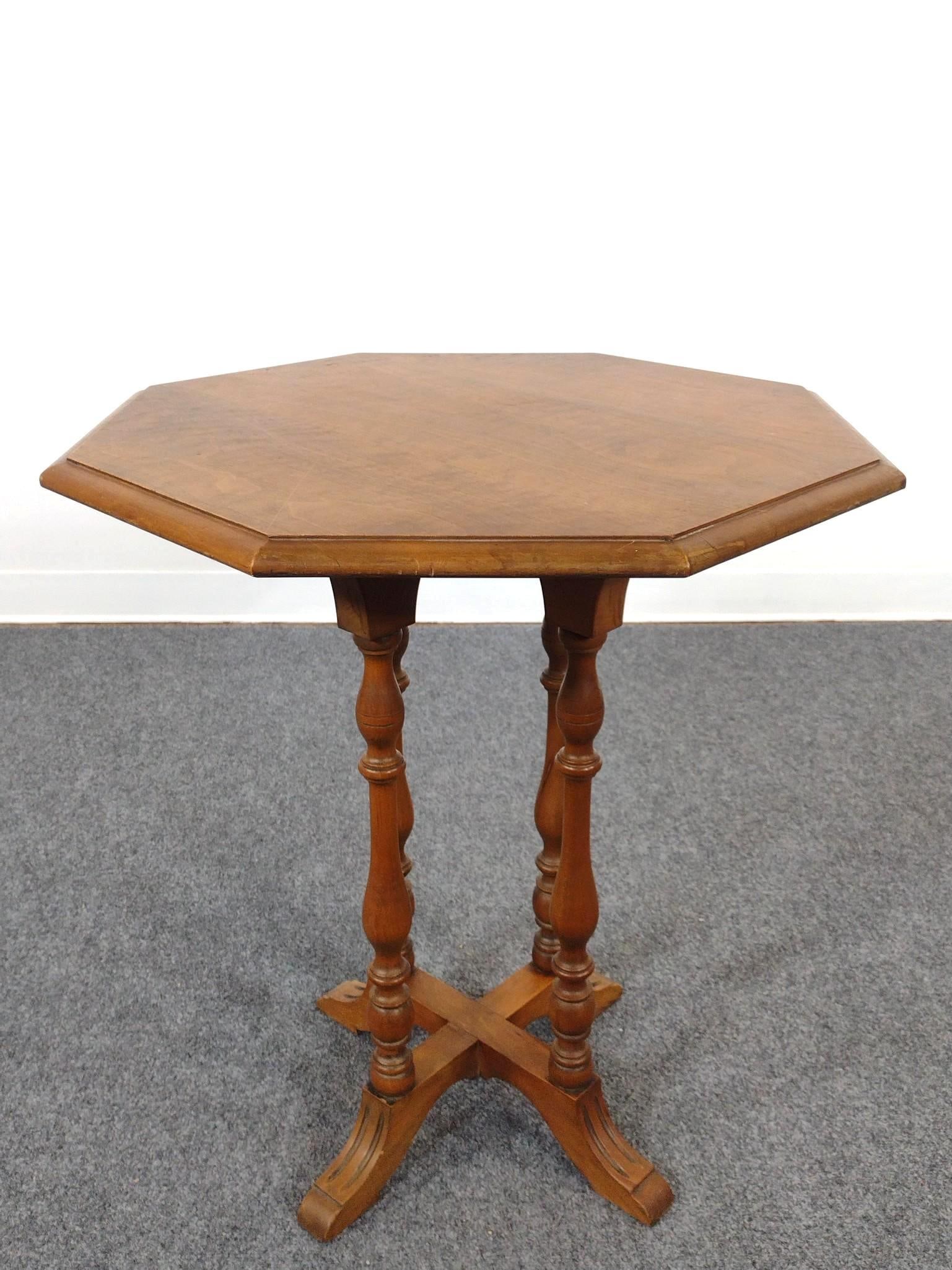 Octagonal Occasional Table: 24" wide X 24" deep X 27-1/2" high. Has some light scratches. Top has some drink rings.