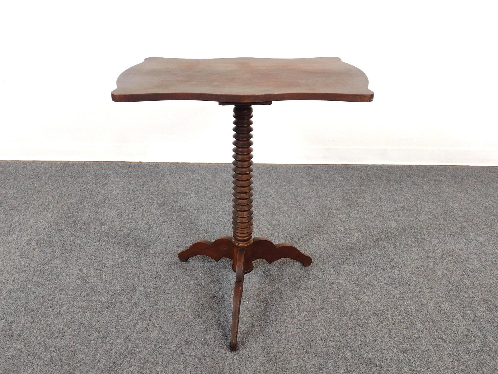 Victorian Pedestal Occasional Table: Barley twist base on tripod legs. 26-1/4" wide X 18" deep X 29-1/4" high. Has wear consistent with age.