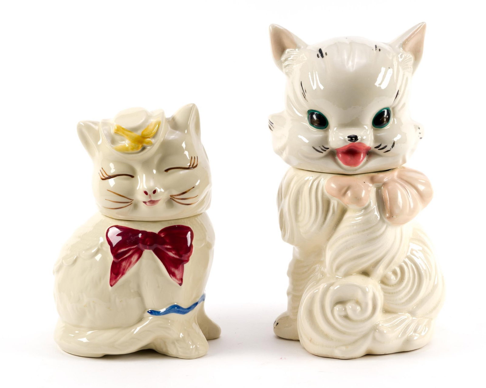 2 Vintage Signed Ceramic Cat Cookie Jars: Largest measures 7" x 13" x 6" with the lid on.