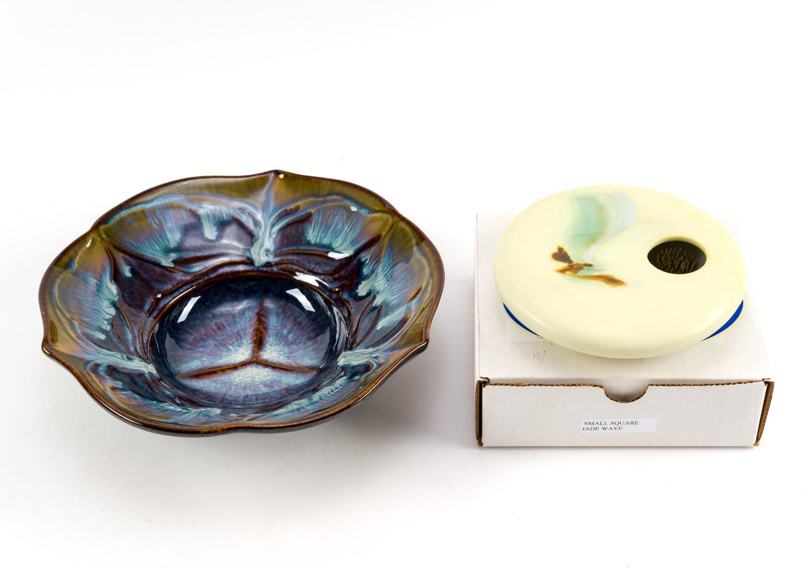 Signed Art Pottery Bowl and Flower Frog Vase: Largest measures 9 - 1/2" x 3" x 9 - 1/2"