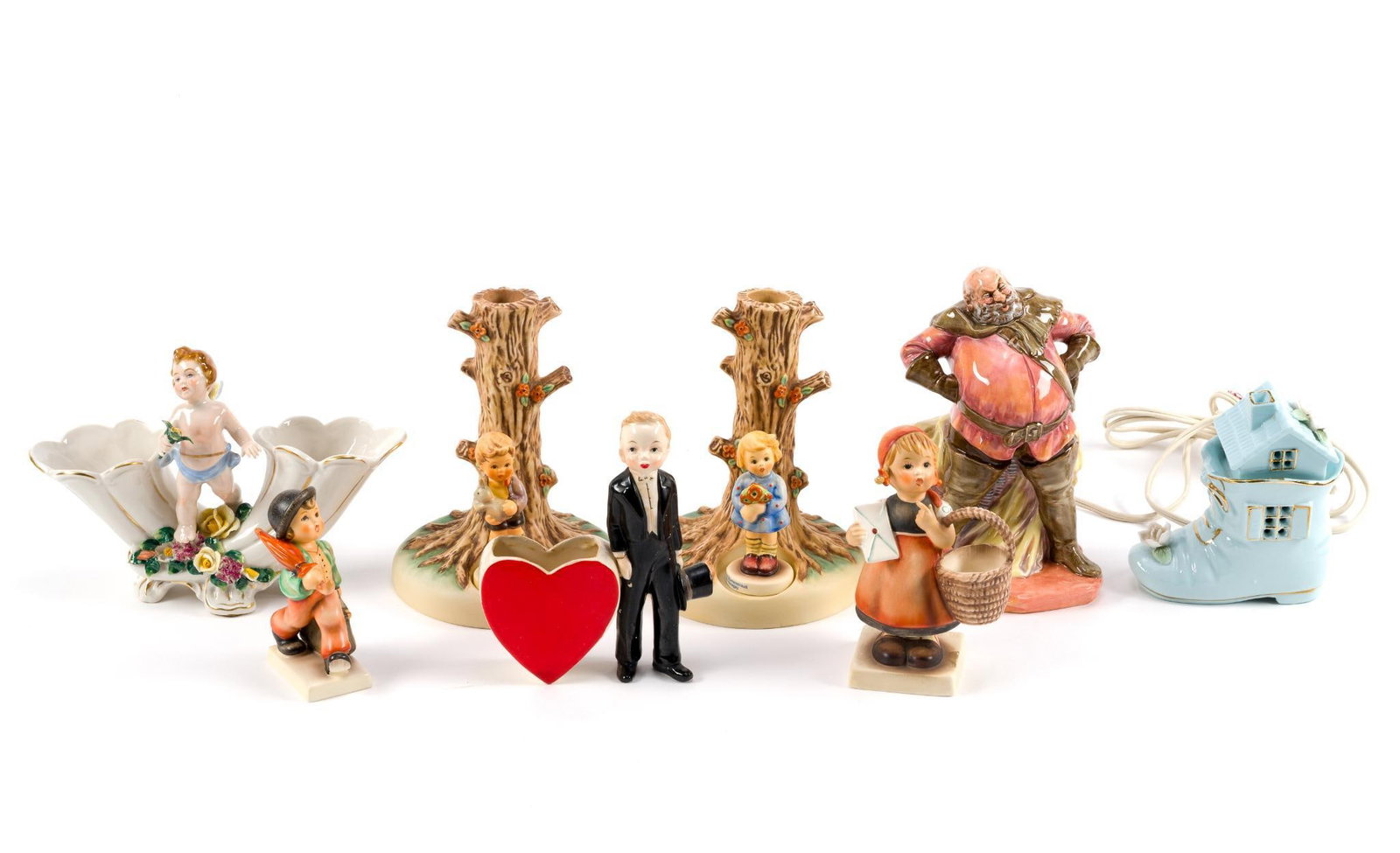 10 Vintage Ceramic Figurines Incl. Goebel: Also includes Falstaff figure, blue shoe baby night light (untested) and vintage Valentine boy in tuxedo with heart. Largest figurine measures 4" x 8 - 1/4" x 4".