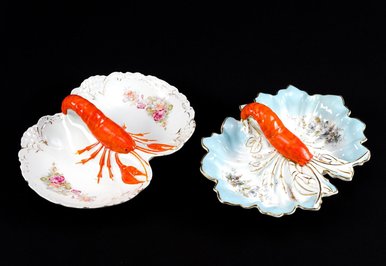 2 German Porcelain Lobster Serving Plates: Largest measures 13 - 1/4" x 4 - 1/2" x 10".