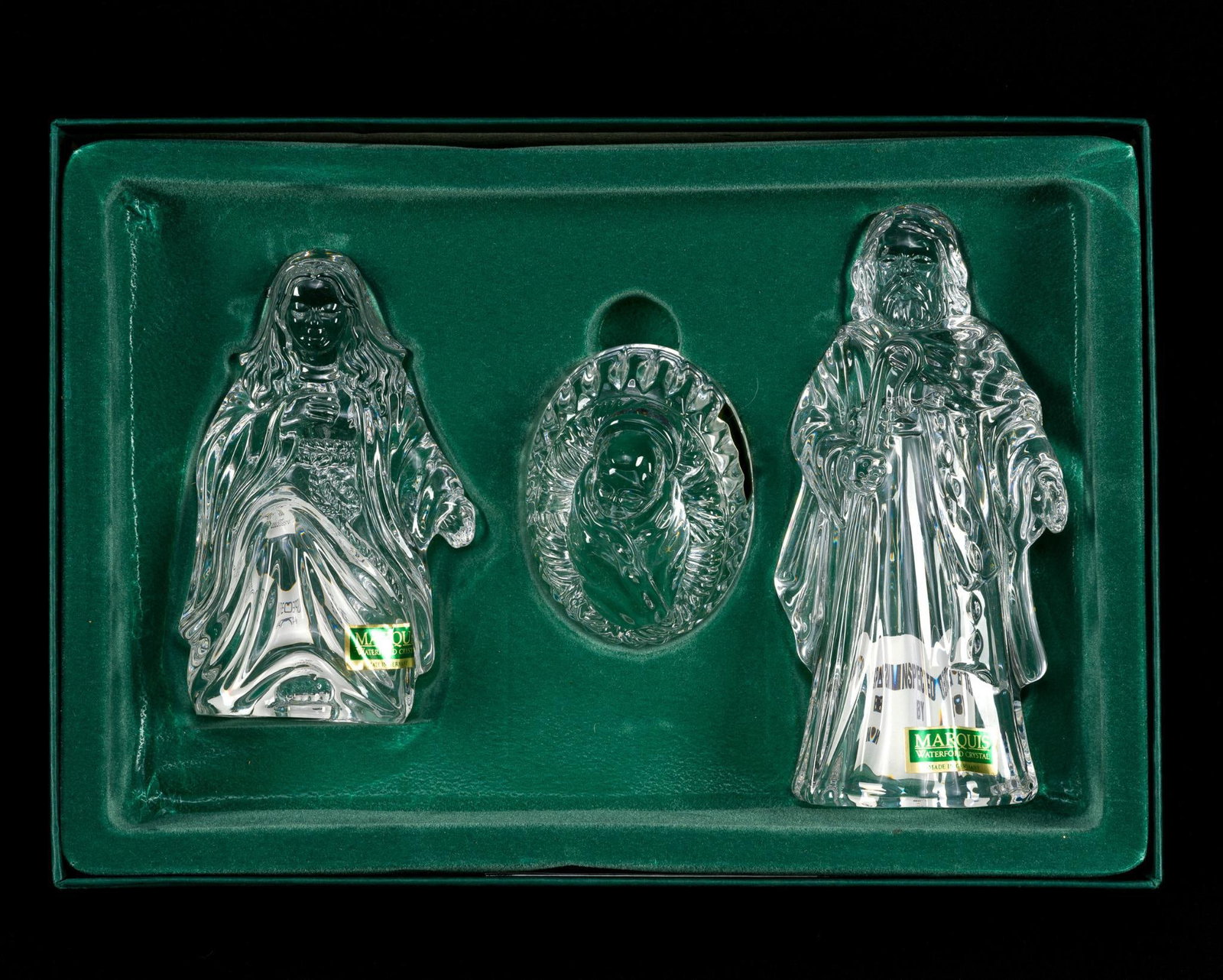 Marquis by Waterford Crystal Nativity Holy Family: In original box, which measures 10 - 1/2" x 3 - 1/2" x 7".