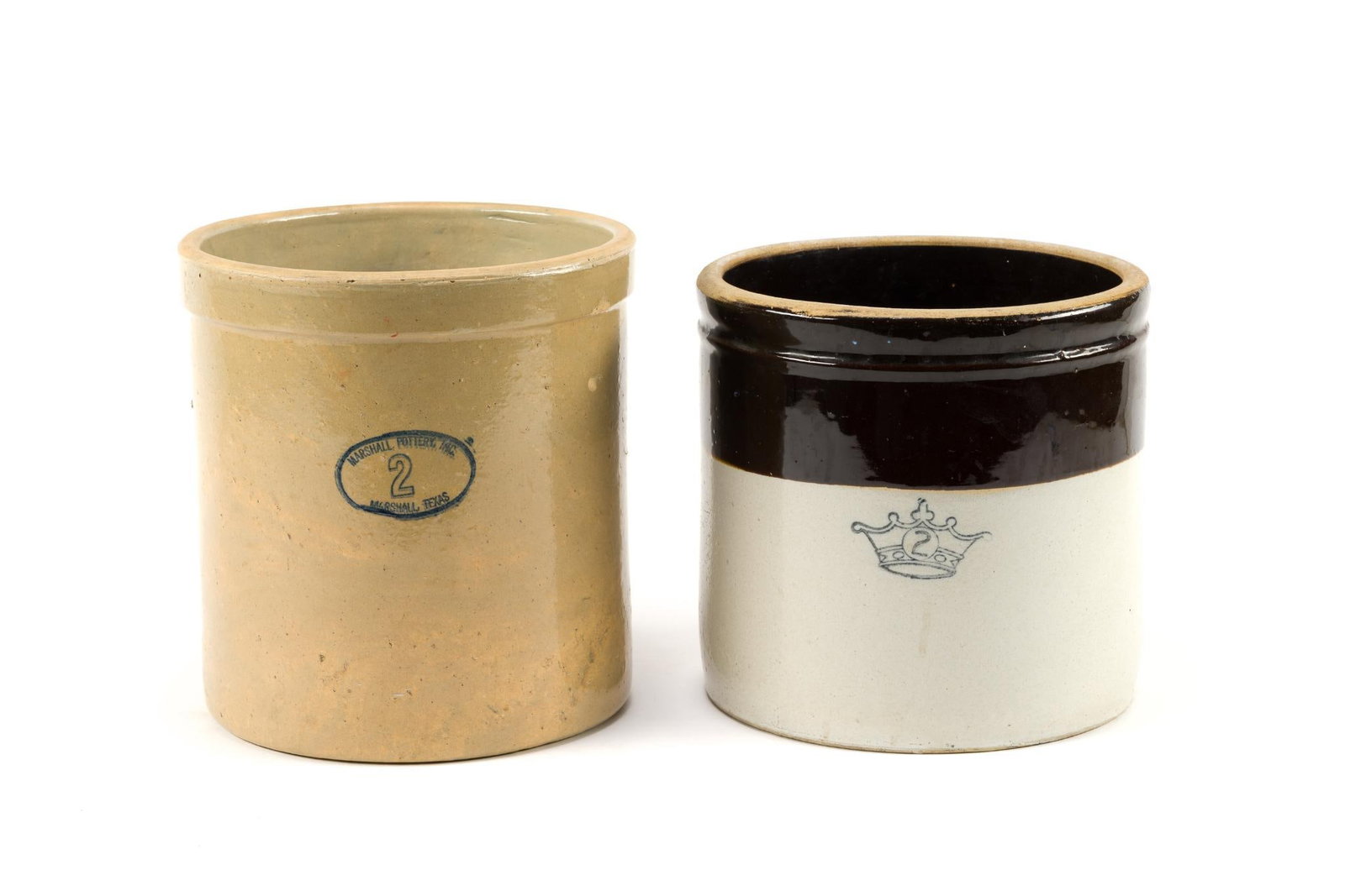2 Stoneware 2 Gallon Crocks Incl. Marshall Pottery: 1.) Measures 9 - 1/4" x 9" x 9 - 1/4". 2.) Marshall Pottery, made in Marshall, Texas. Measures 9 - 1/4" x 10" x 9- 1/4".