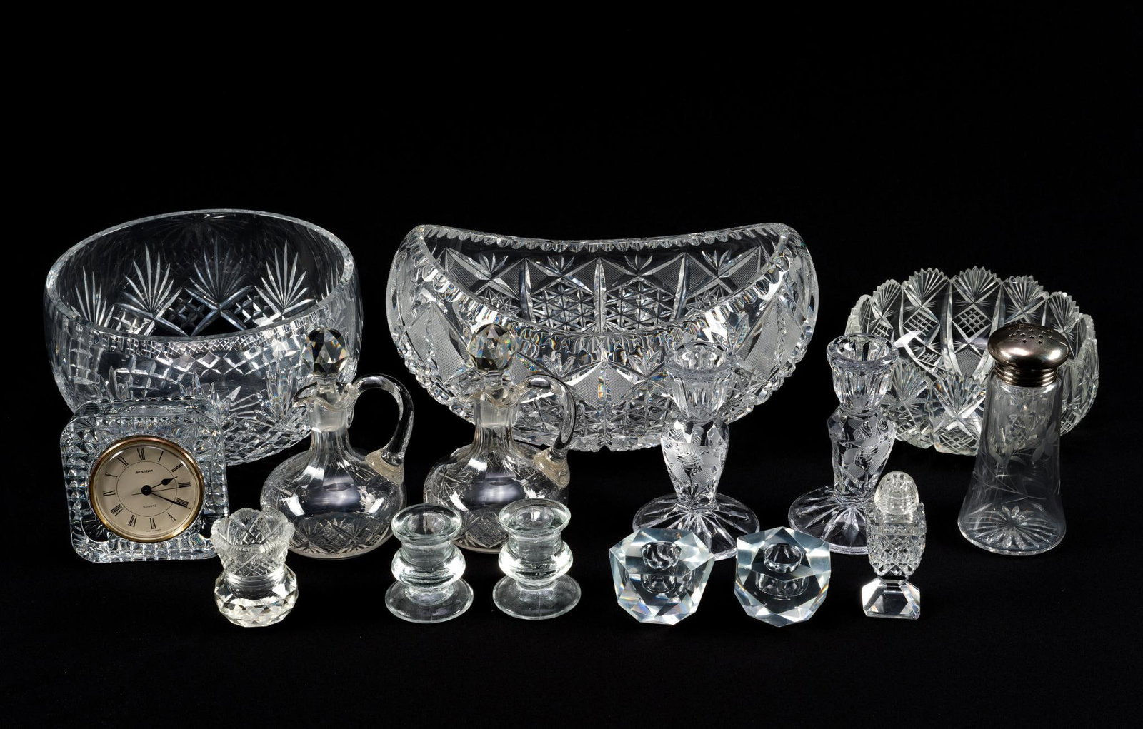 17 Pieces of Cut Glass: Largest bowl measures 8 - 1/2" x 5" x 8 - 1/2".