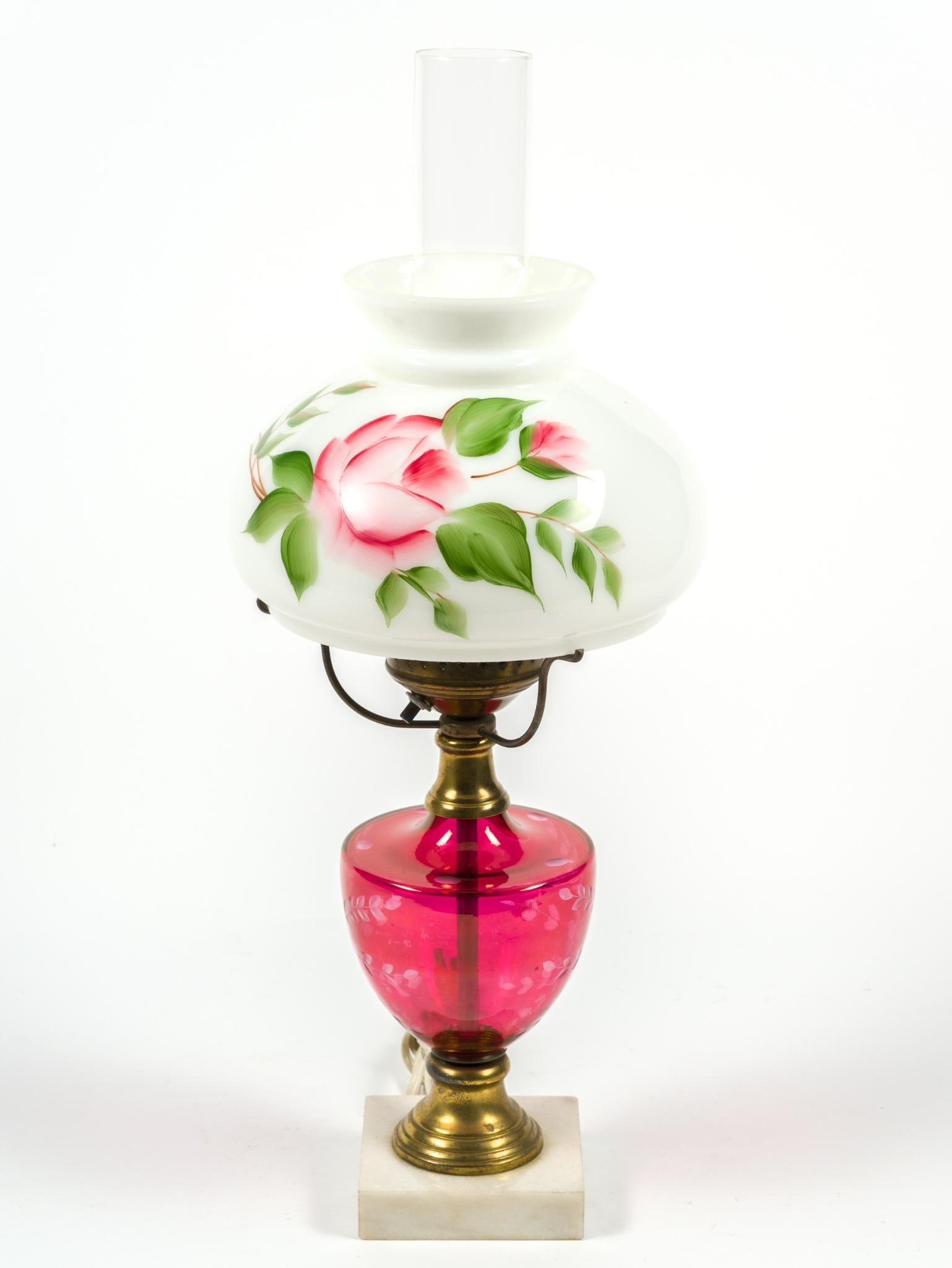 Vintage Hand Painted Floral Hurricane Lamp: Measures 8" x 21" x 8".