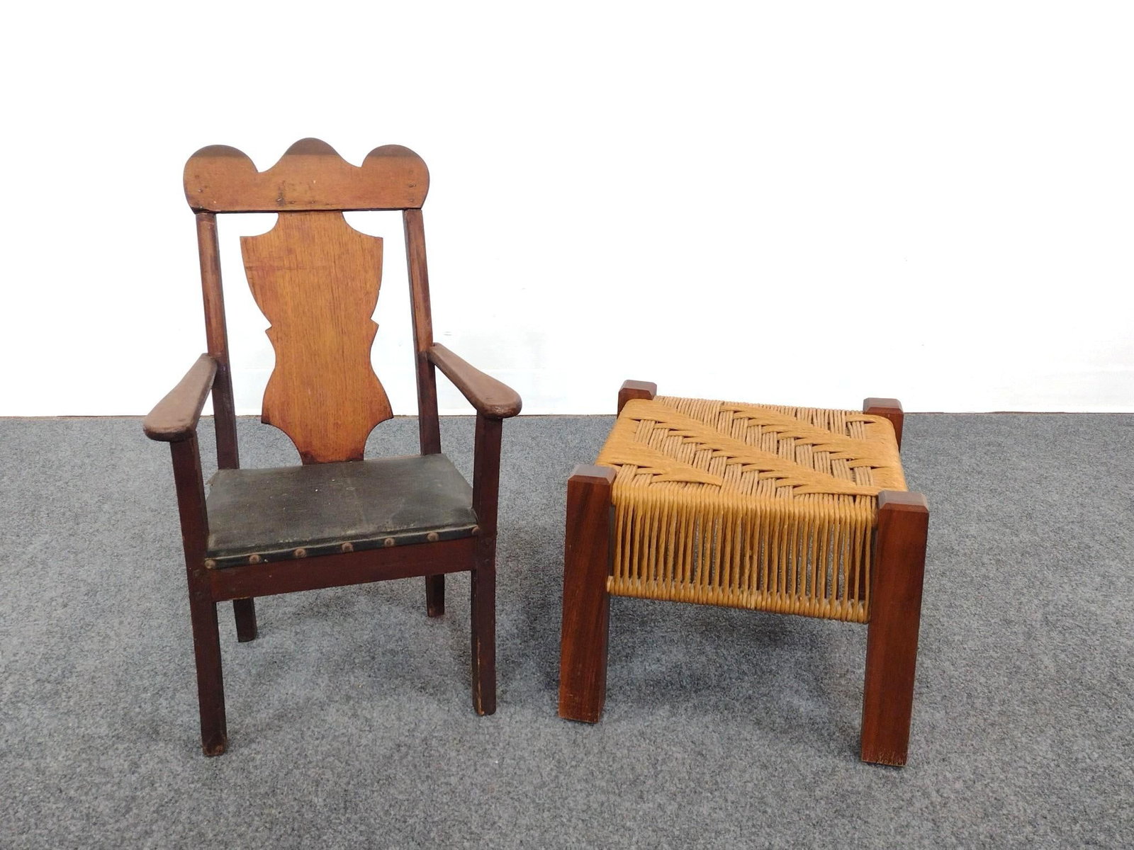 Childs Chippendale Style Chair & Footstool: Chair 15-1/4" wide X 11" deep X 24-3/4" high. Foot rest 14-3/4" wide X 14-3/4" deep X 12" high.