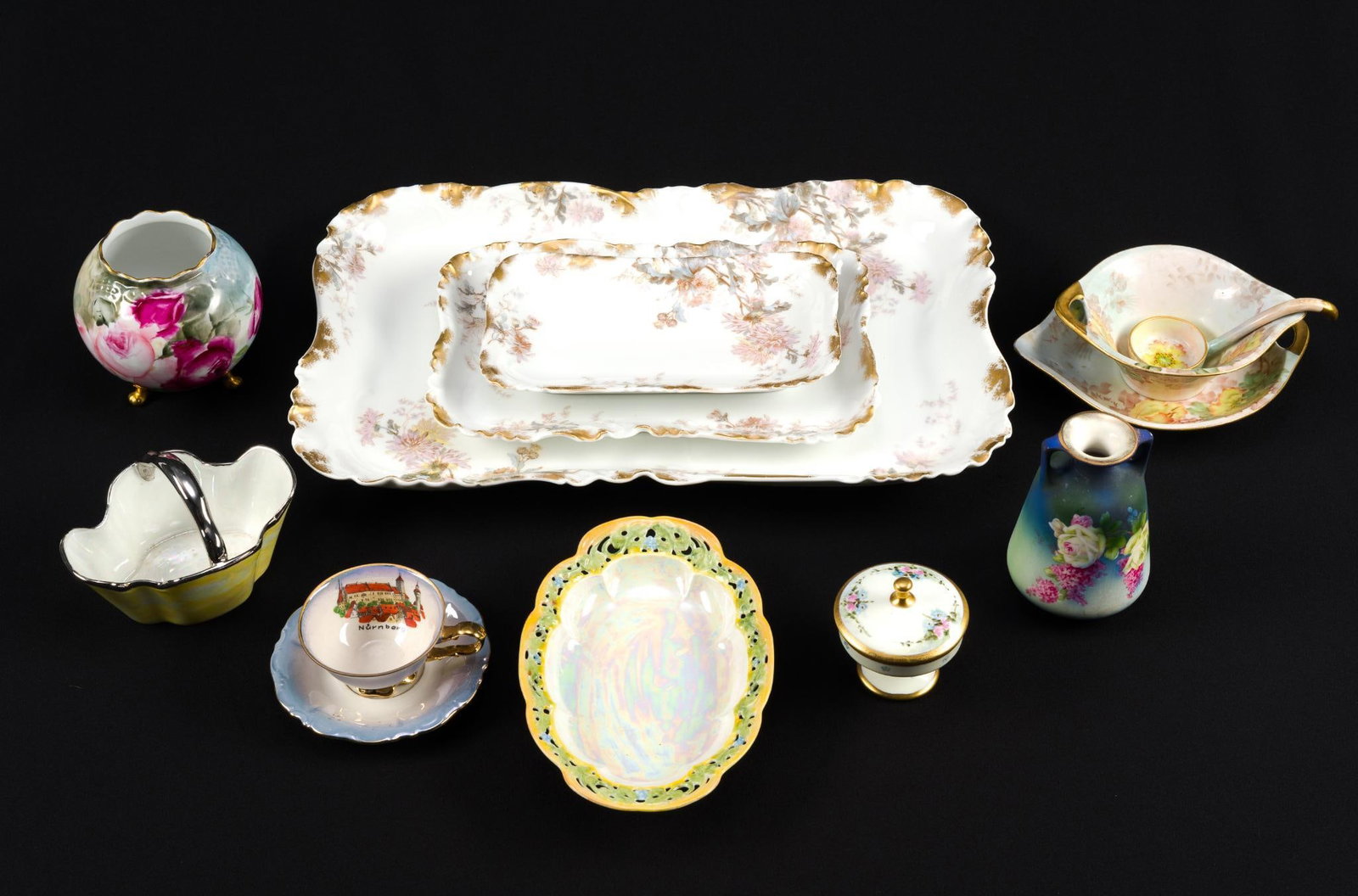 Vintage Hand-Painted Porcelain Incl. Haviland Limoges: Largest Haviland tray measures 16" x 11".