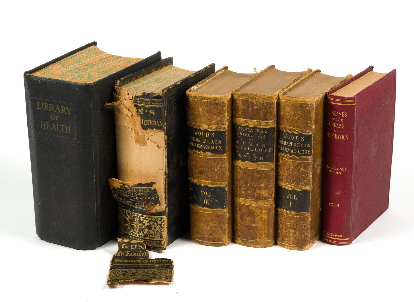 6 Antique Medical Books Incl. Gunn's New Family Physician: Gunn's New Family Physician: or Home Book of Health by John C. Gunn, M.D. was published in 1884 by Wilstach, Baldwin & Co. in Cincinnati. and has extensive damage to the outside of the spine. "Library