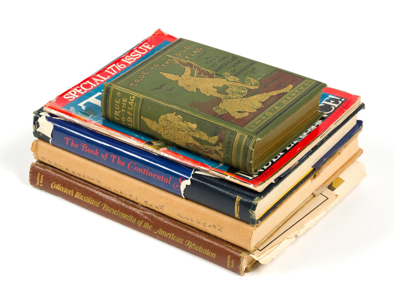 4 Vintage Revolutionary War Books & 1776 Time Magazine: Books include "Collector's Illustrated Encyclopedia of the American Revolution" by George C. Neumann and Frank J. Kravic, published by Stackpole Books, Arms and Armor in Colonial America, 1526-1783 by