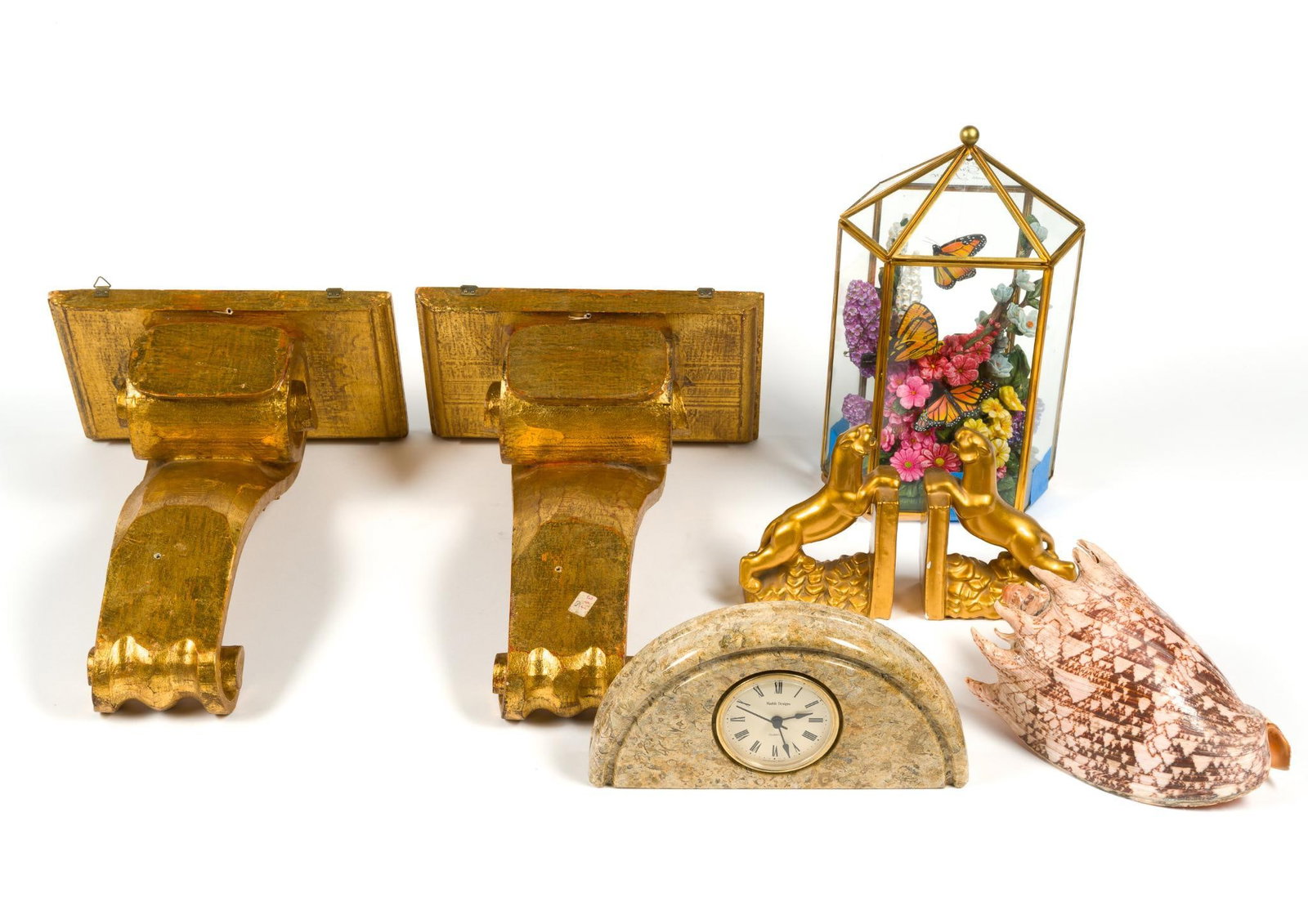 Vintage Decorator Items Incl. Conch Shell: Gold painted wooden shelves (10" x 14" x 6"), golden painted panther ceramic book ends, a granite desk clock, and The Bradford Exchange "Delicate Treasures" Glass Garden Gazebo,.