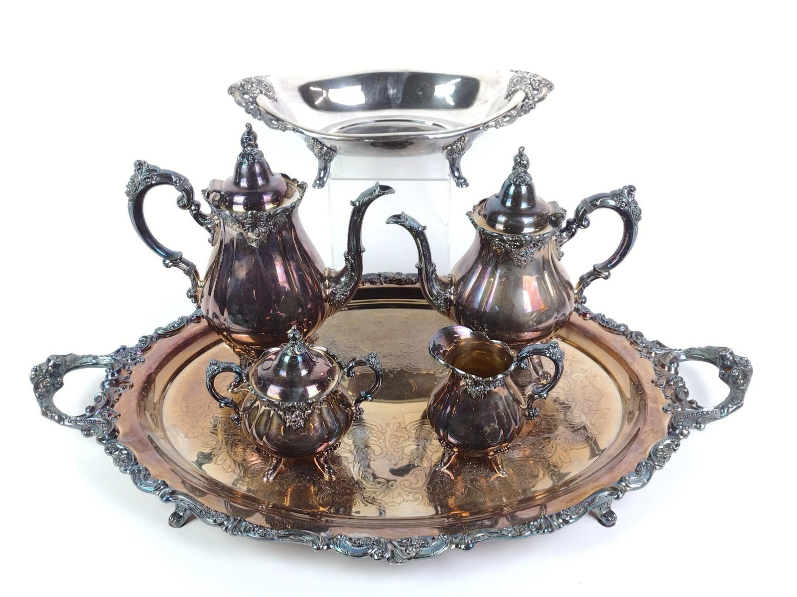 6 Piece Grand Baroque Silverplate Tea Set: Largest platter measures 29" x 17 - 1/2". Bought in 1971 in Walnut Creek, California.