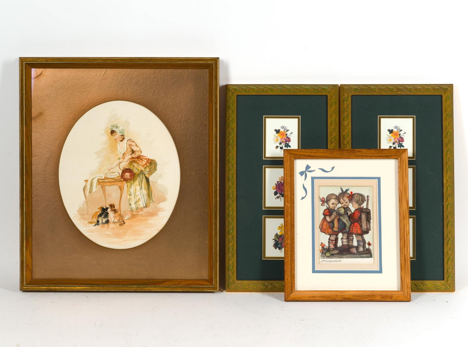4 Framed Prints: 1) 17 - 14 - 1/2". 2) Vintage art print titled "Meisterstück," 11" x 9". 3) Vintage triptych miniature floral botanical print. 15 - 1/4" x 8 - 1/4". 4) Vintage triptych miniature floral botanical