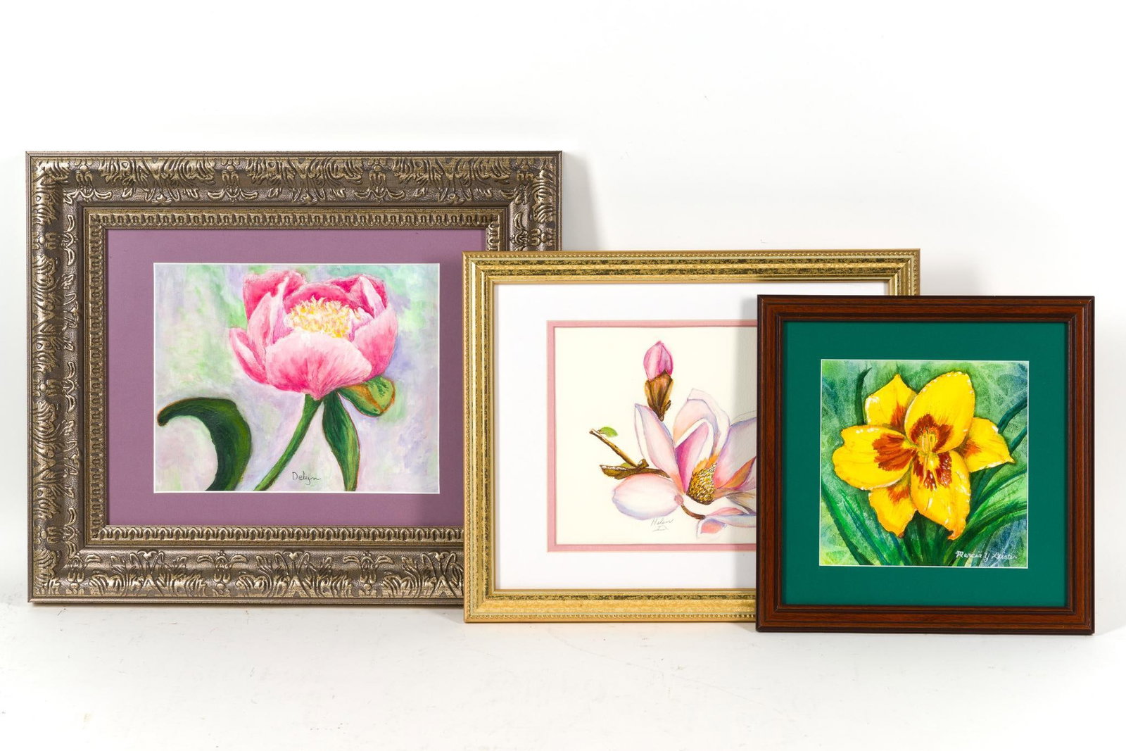 3 Vintage Floral Prints: All framed, all signed. 1) Marcia Leister "Day Lily" 11 - 1/2" x 11 - 1/2". 2) Print by Helen Dragovich. 13" x 16". 3) Print by Delyn Devlin. 16" x 19".