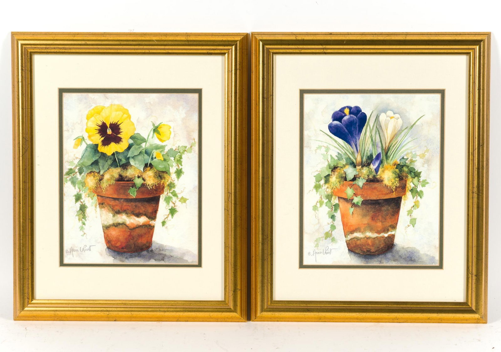 2 Vintage Floral Prints: Both framed, both measure 16 - 1/4" x 13 - 1/4". Both signed "Annie LaPoint"