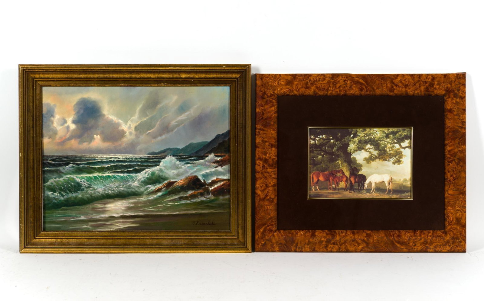 2 Framed Art: 1) George Stubbs "Green Pastures" 16 - 1/2" x 19 - 1/2". 2) Oceanscape signed "E. Kamelak" in the lower right corner. 17 - 1/2" x 21 - 1/2"