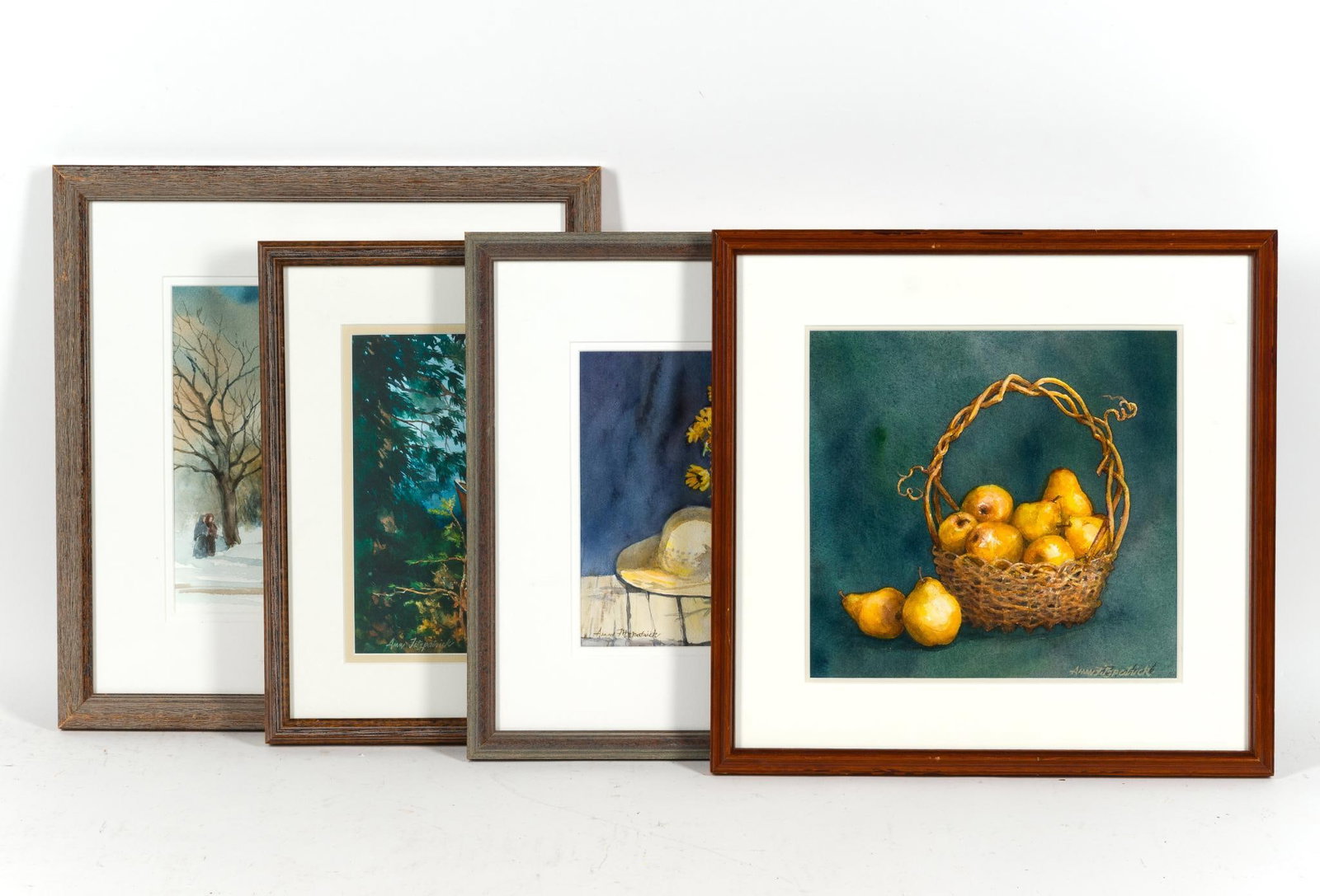 4 Framed Ann Fitzpatrick Prints: 1) 14 - 1/4" x 16". 2) 15 - 1/2" x 15". 3) 14 - 1/2" x 15" 4) 13 - 3/4" x 18".