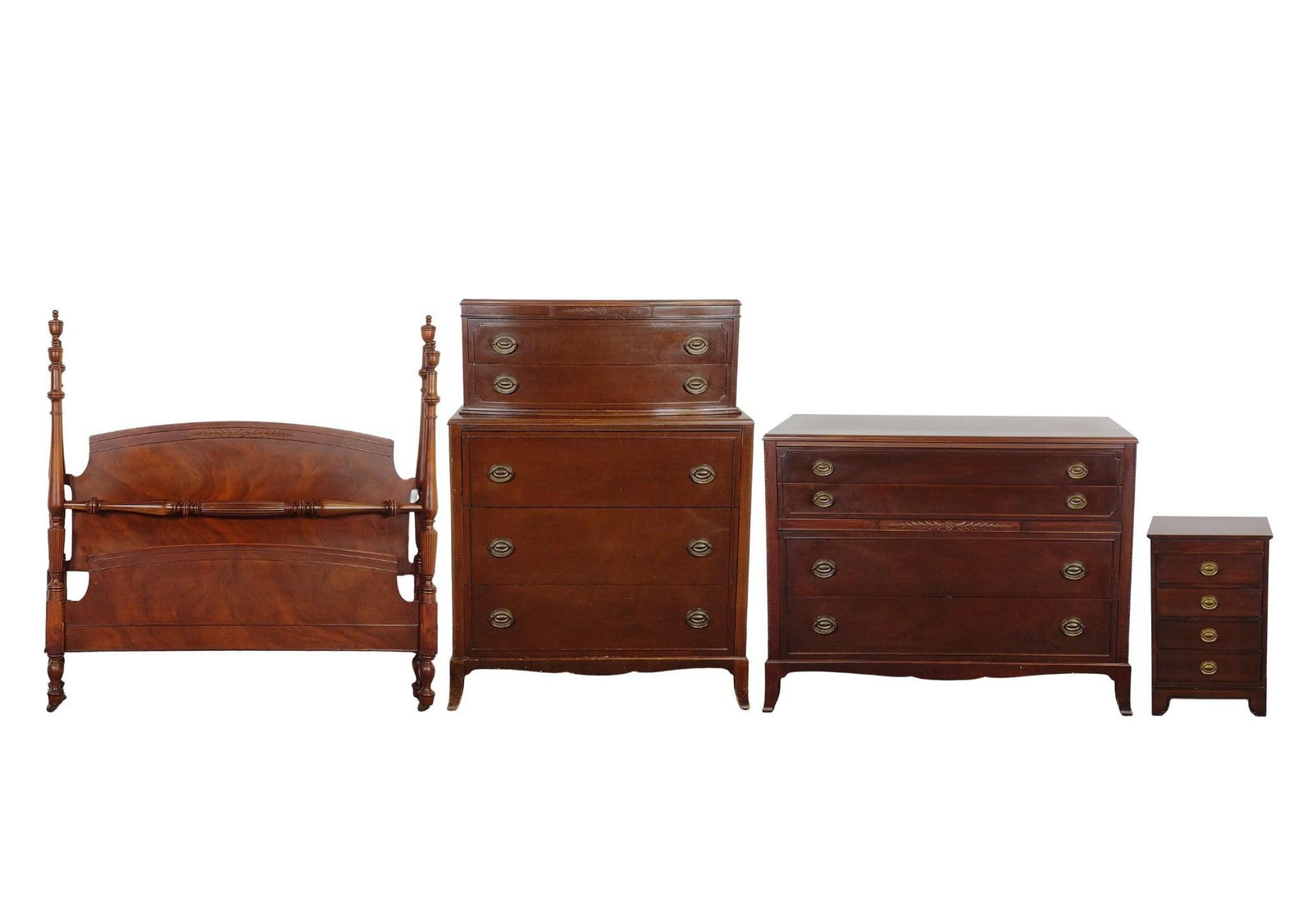 4 Piece Bedroom Set: Bed 57" wide X 82" deep X 58" high. Tall Chest 38" wide X 20" deep X 52" high. Dresser 47" wide X 21" deep X 36-1/2" high. Night stand 17-1)4" wide X 13-1/2" deep X 26" high. All Pcs have some