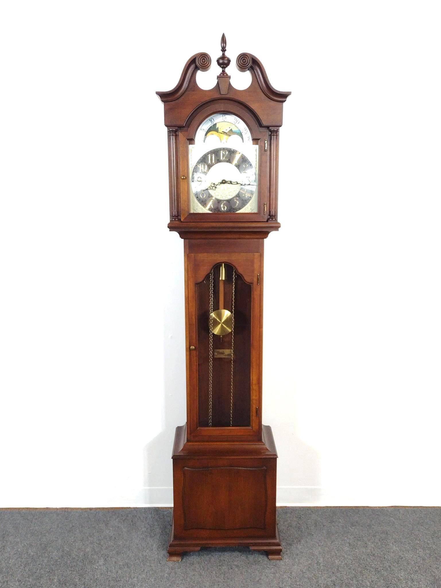 Colonial Tall Case Clock: SN-7318828. 19-1/4" wide X 11-1/2" deep X 82" high. Working.