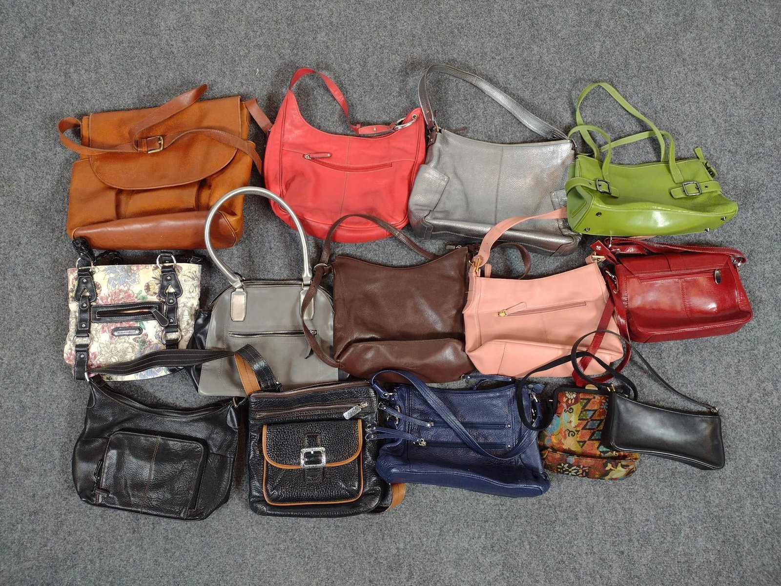 18 Designer Handbags: Brands include Stone Mountain, Ashwood, Gianni Bernini, Franco Sarto and Tignanello, Fossil, Brighton, Reaction by Kenneth Cole and a Levenger satchel, which is the largest bag and measures approximat