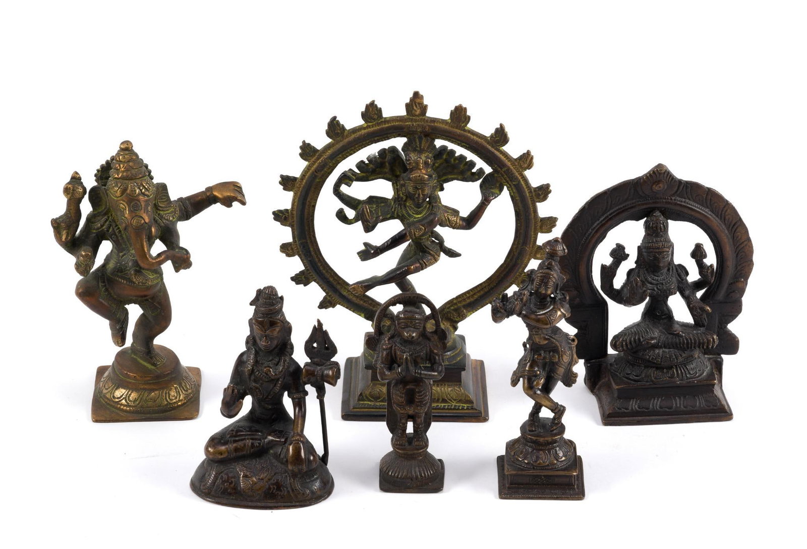 6 Bronze Hindu Deity Statues: Deities include Shiva, Ganesha, Vishnu, Krishna and Hanuman. Largest measures 6" x 2 - 1/2" x 7 - 1/2", and smallest measures 1 - 1/4" x 1 - 1/4" x 4".