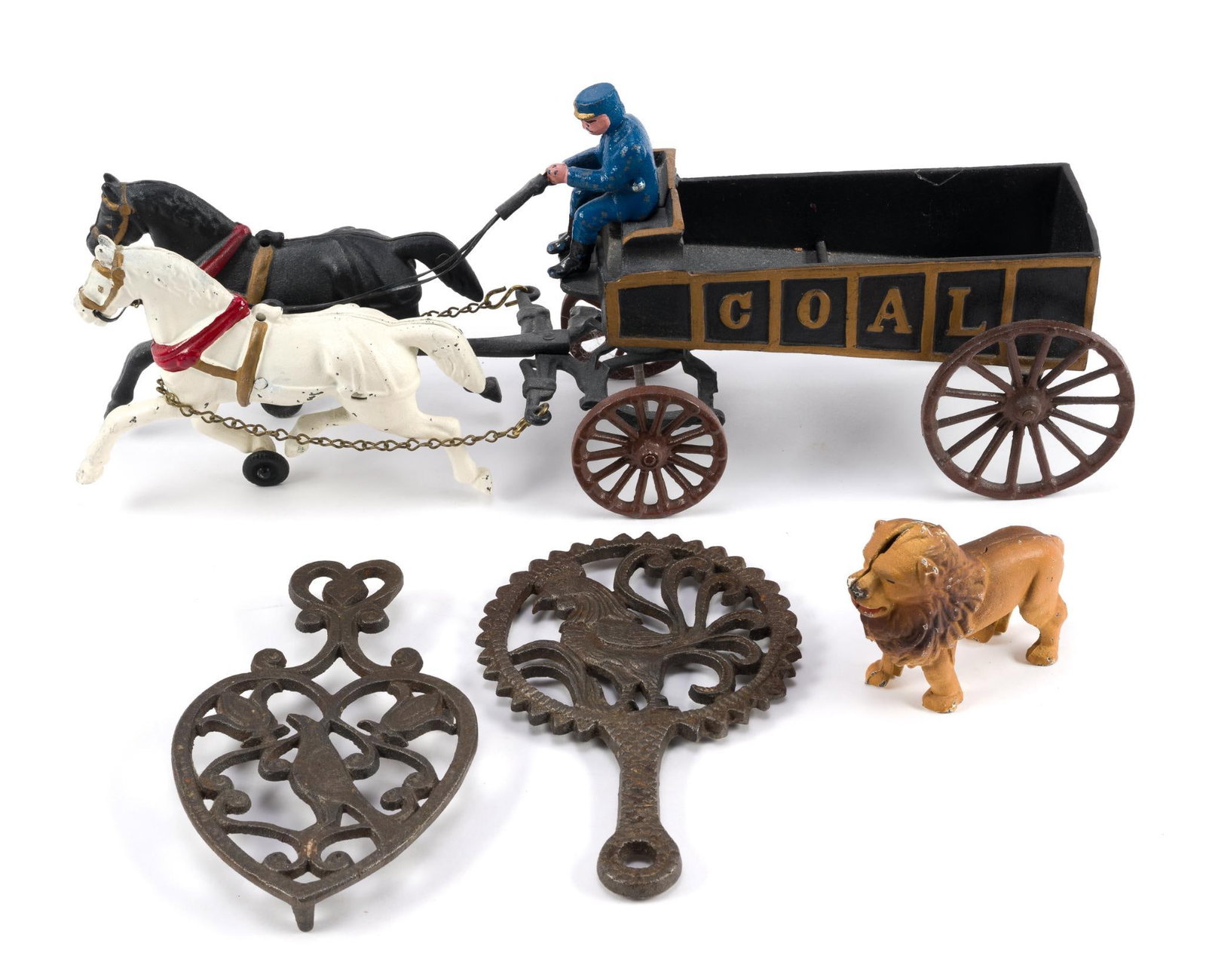 Cast Iron Coal Wagon, Lion Bank & 2 Trivets: Coal wagon measures 19" x 5" x 8".