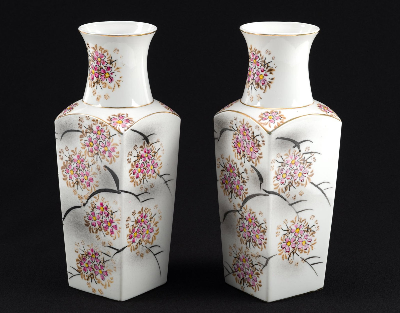 Pair of Japanese Porcelain Cherry Blossom Vases: Vases measure .