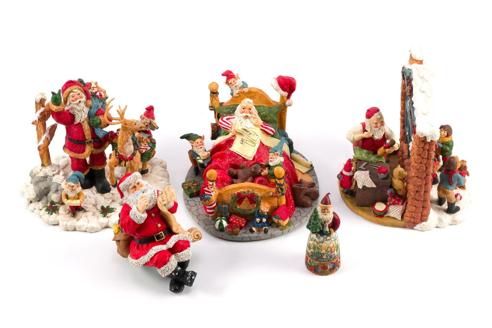 5 Christmas Decorations Incl. Jim Shore: Largest figural scene measures 8" x 8 - 1/2" x 9 - 1/2" and the Jim Shore figure measures 2" x 2" x 5".