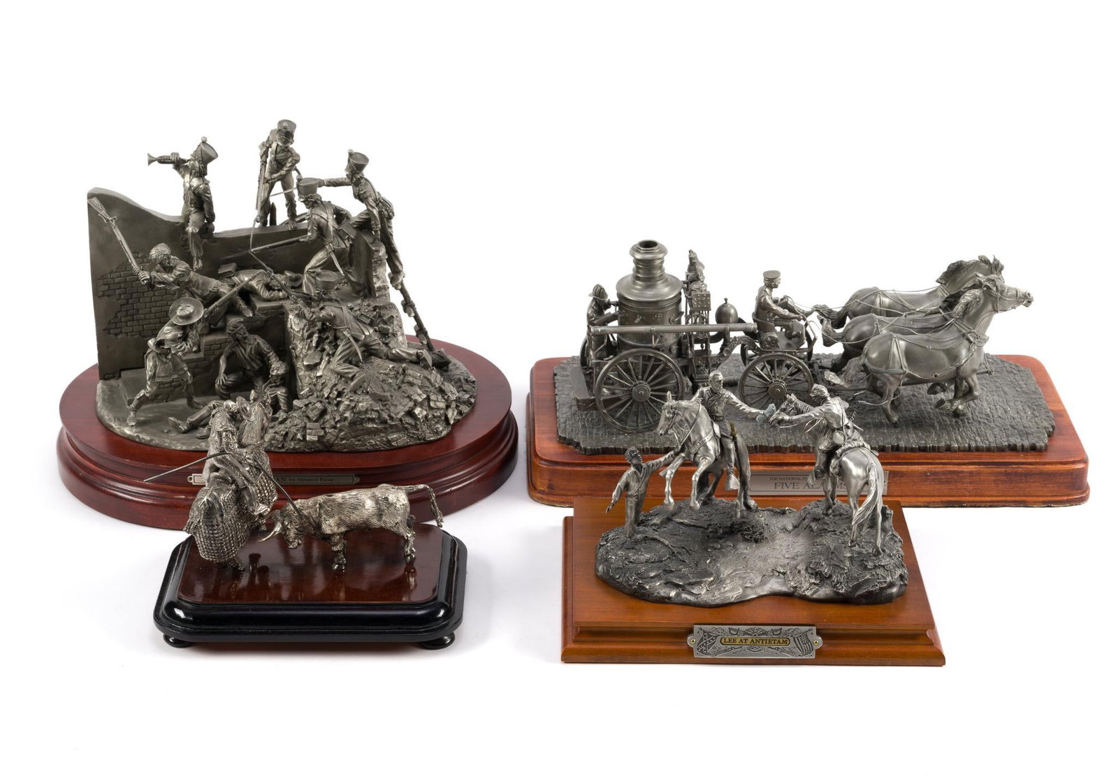 4 Chilmark Pewter Statues: Includes "Five Alarms!" by the National Fire Museum, a Shepard Paine pewter sculpture titled "To the Last Man: Battle of the Alamo, 1836" (flag missing from statue), This statue is the largest and mea