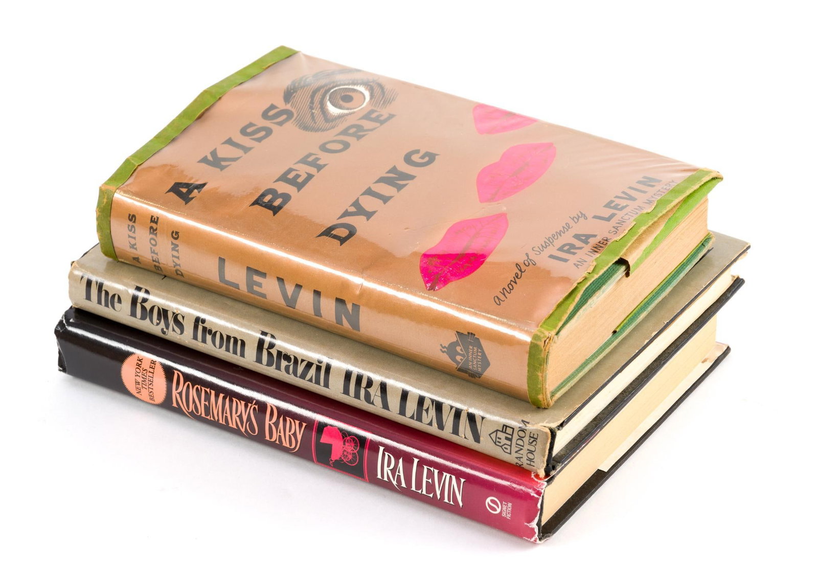 Signed "A Kiss Before Dying" by Ira Levin: Also includes first editions of "Rosemary's Baby," and "The Boys From Brazil." Wear associated with age and use. Largest book measures 6" x 3/4" x 8 - 1/2".
