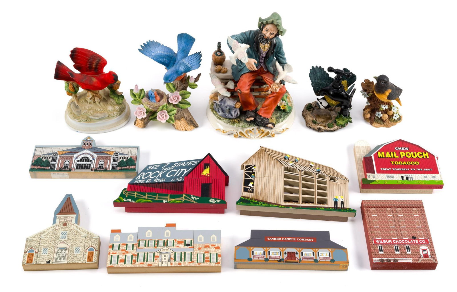 5 Ceramic Bird Statues & 8 Wooden Shelf Sitters: Birds include Medea and Gorham. Largest figurine measures 6 - 3/4" x 9 - 1/2" x 5 - 3/4".