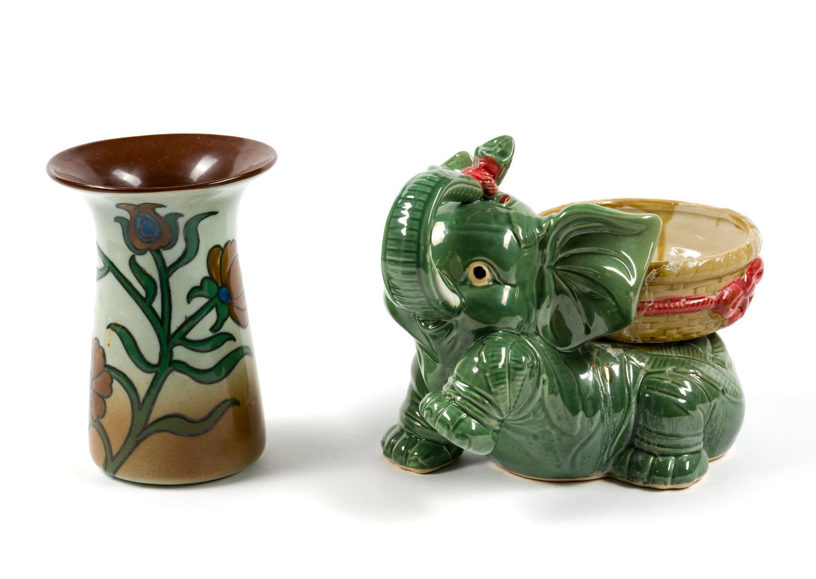 Decorative Elephant Planter and Ceramic Vase: Sizes range from 7 - 3/8" to 8 - 1/2" height and 5 - 3/8" to 11" width.
