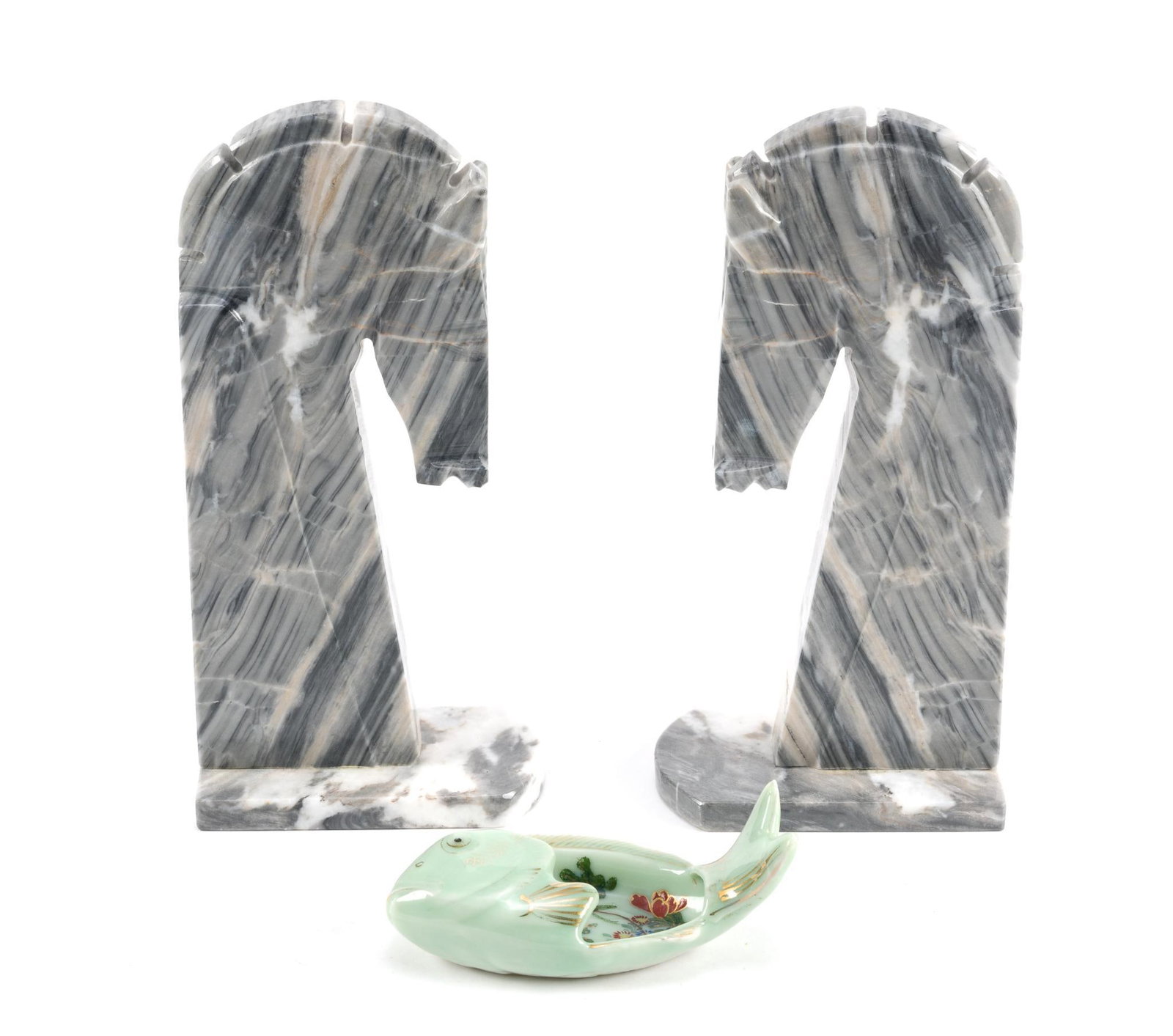 Pair of Marble Horse Book Ends & Fish Bone Dish (1 of 5)