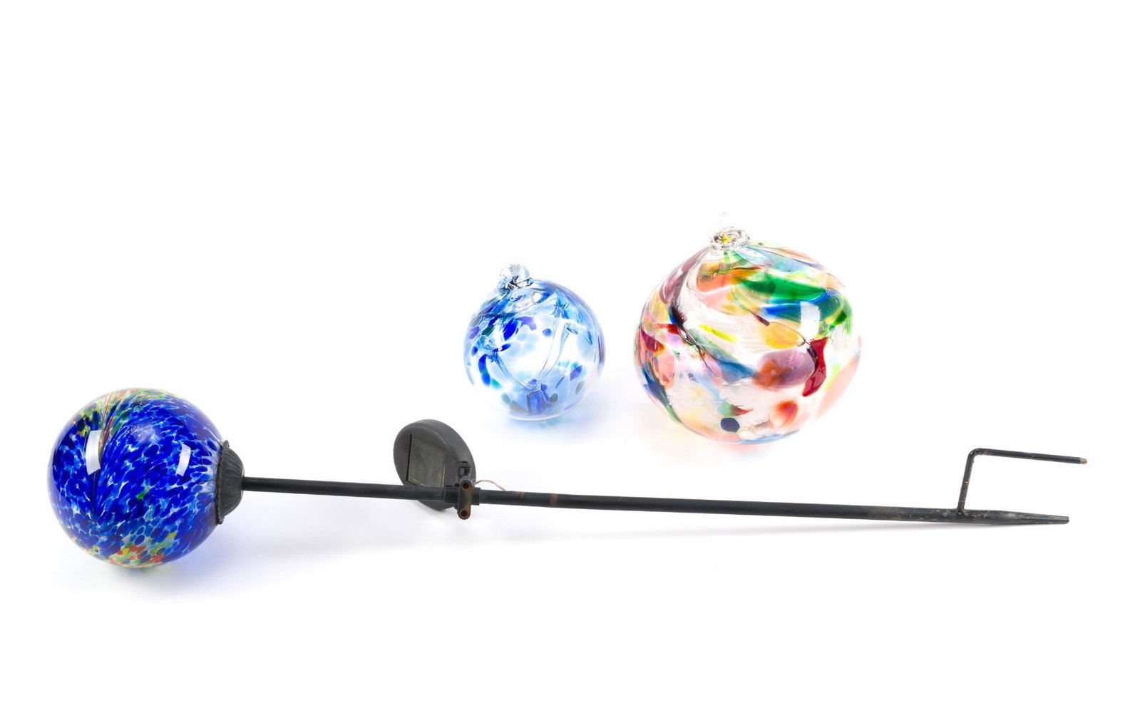 2 Hanging Hand Blown Art Glass Witches Balls & Solar Garden Stake: Largest glass ball measures approximately 9" in diameter. The glass ball garden stake measures 33" long.