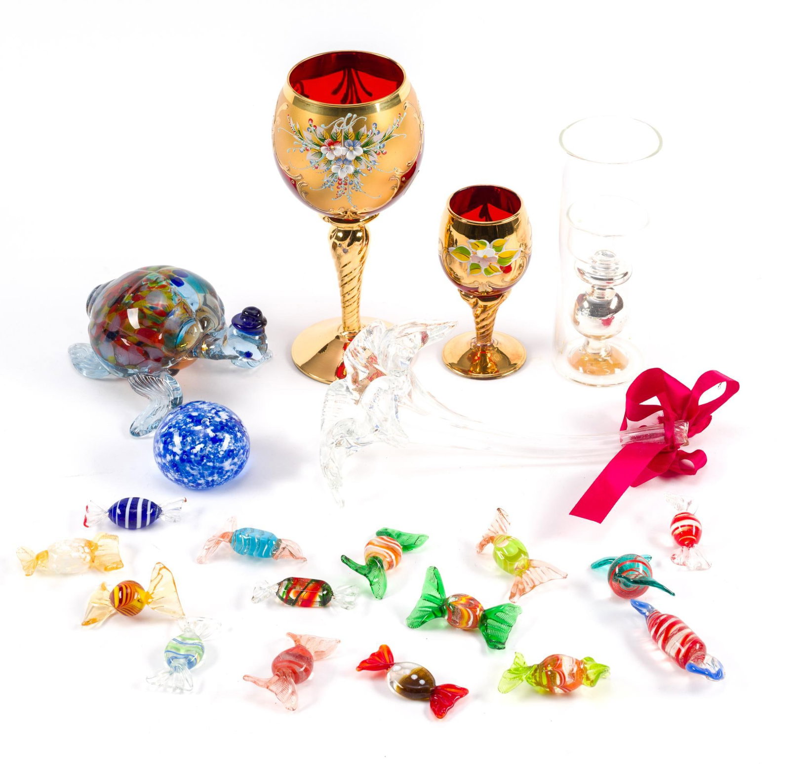 Vintage Glass Decor Incl. "Tre Fuochi" Goblets: Also includes 15 vintage glass pieces of wrapped candy, Murano style art glass turtle with hat, glass flower and paperweight. Largest piece measures 3 - 1/4" x 7" x 3 - 1/4".