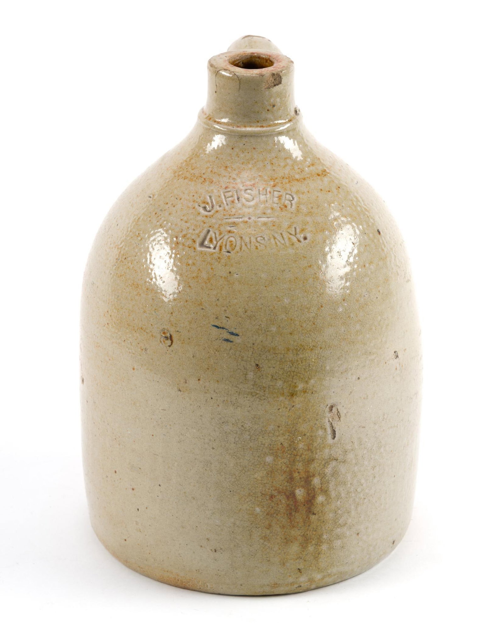 J. Fisher Stoneware Jug: Made in Lyons, New York. Measures 8" x 11 - 1/4" x 8".