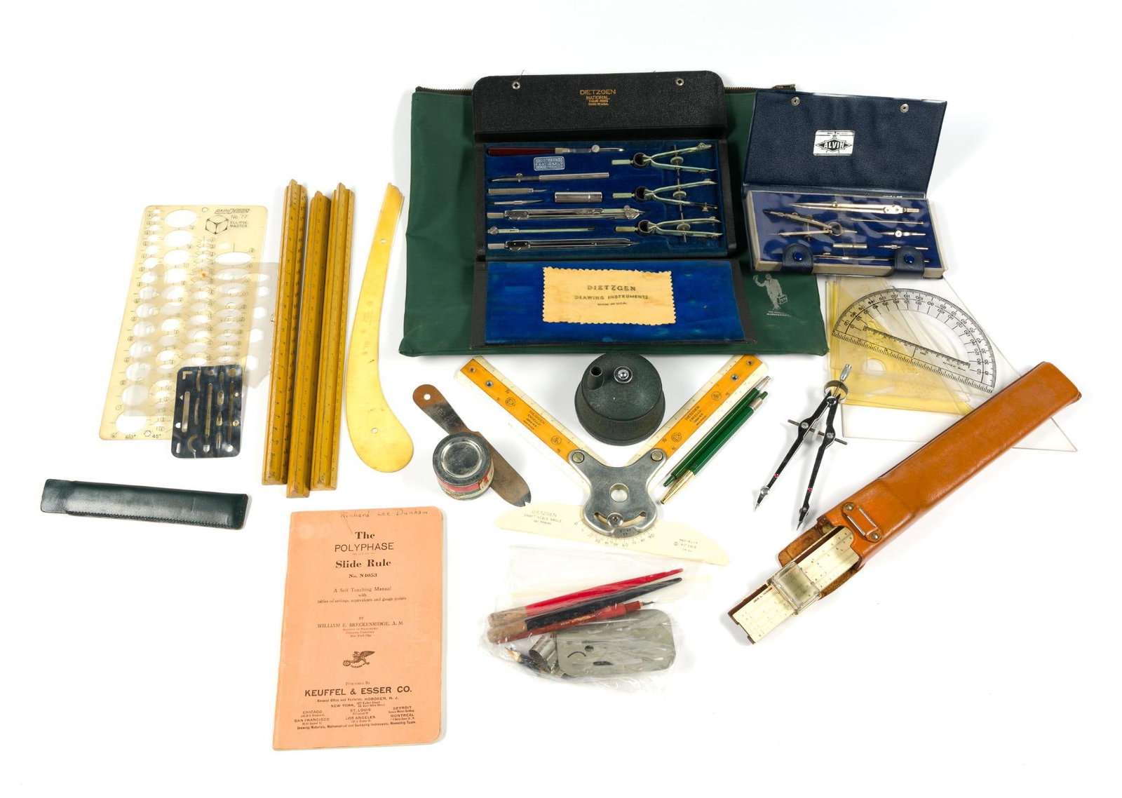 Draftsman Tools Incl. Alvin and Dietzgen: Bag measures 14" x 4" x 11".