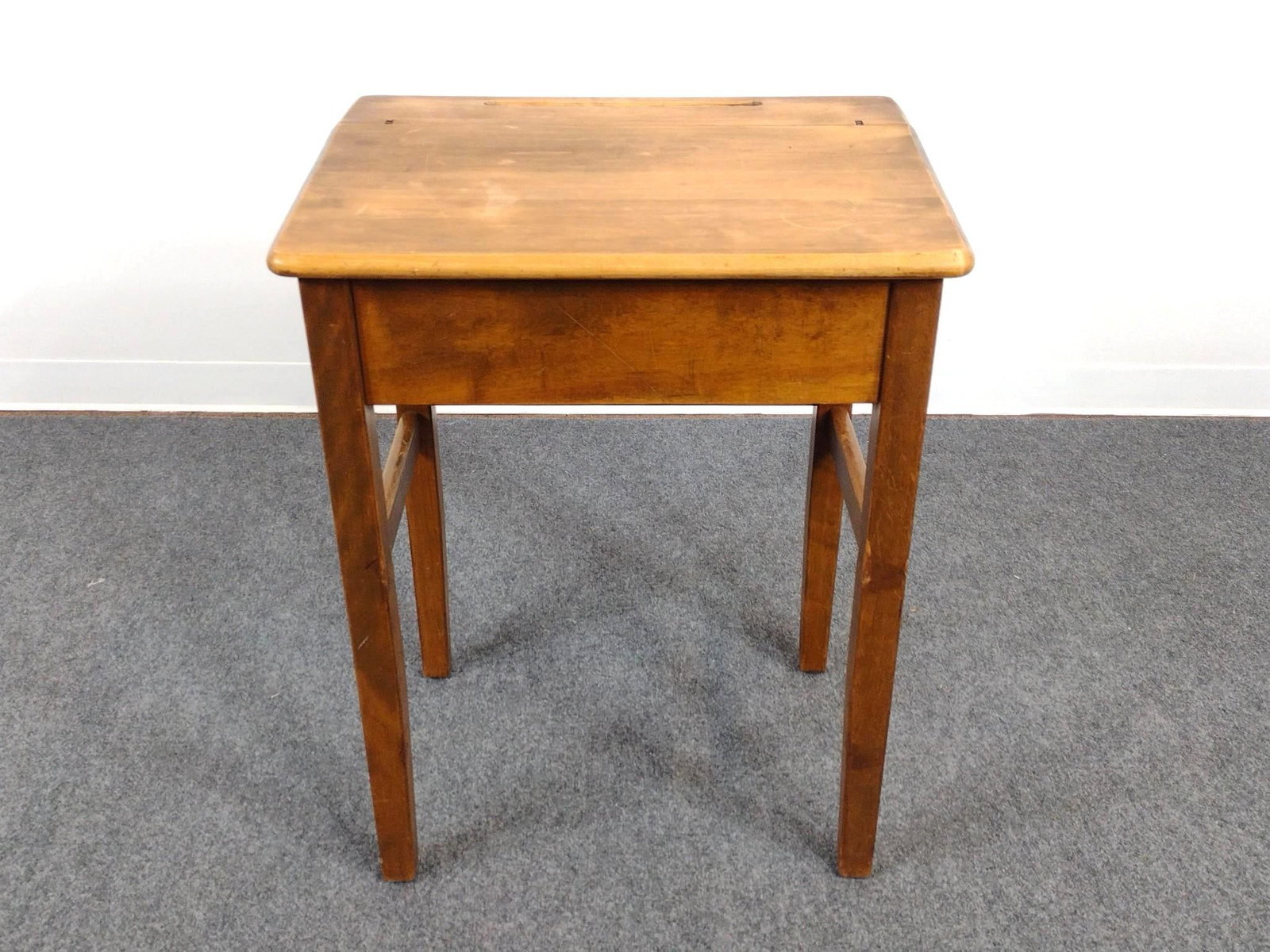 Vintage Lift Top Desk: 24" wide X 17-3/4" deep X 31" high. Has wear consistent with age.