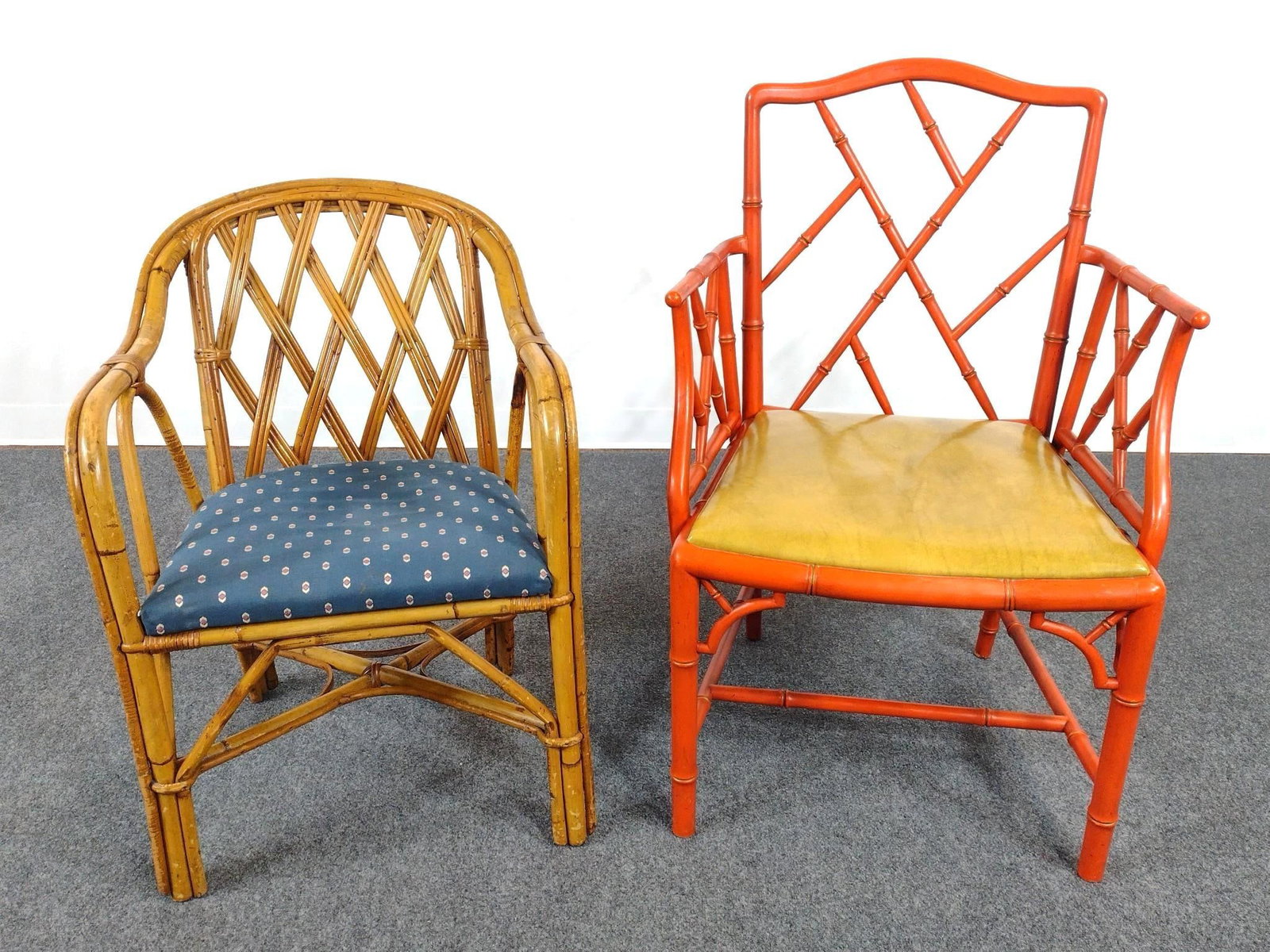 Two Armchairs Incl Grand Ledge Chair Co: Rattan chair 22" wide X 18-1/2" deep X 31-1/4" high. Grand Ledge Chair 25" wide X 21" deep X 37-1/2" high. Both have some light scratches.