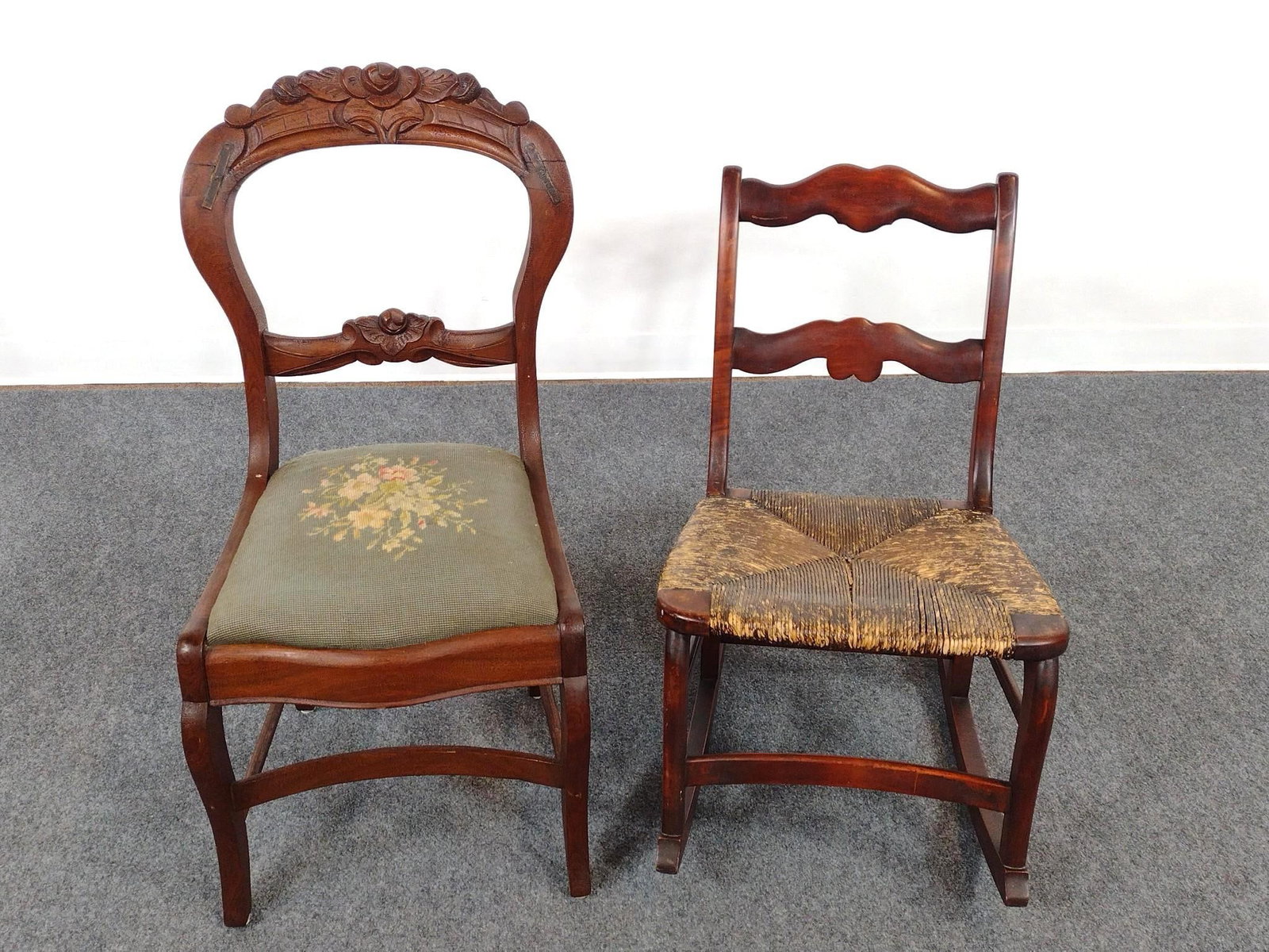 Needlepoint Chair & Rush Seated Rocker: Needlepoint Chair 17" wide X 16" deep X 34" high. Rocker 16-1/2" wide X 27-1/2" deep X 28-1/2" high. Both have scratches and areas of finish loss.